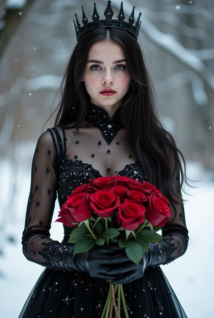 Full shot of a young woman with dark hair, wearing a black, sheer, embellished dress. 


The dress has a unique design, with a lace-like or embroidered pattern of small, sparkly details, creating a sparkling effect, particularly noticeable in the areas where the dress is sheer.  It appears  to have a corset-style top with a black, leather-like or studded collar piece, adding a dark and somewhat gothic touch.


The woman has long, flowing black hair that falls down her back. She is wearing black leather-like gloves that cover most of her hands.  A crown with sharp, pointed spikes is worn on her head. 


A bouquet of red roses is held in her hands, the roses are vibrant and in full bloom.


The background is a snowy, winter-like setting with visible snow falling around the figures. The background also features muted trees or shrubs barely visible in the snowfall, which adds to the wintry atmosphere. The woman's expression is calm and somewhat thoughtful.