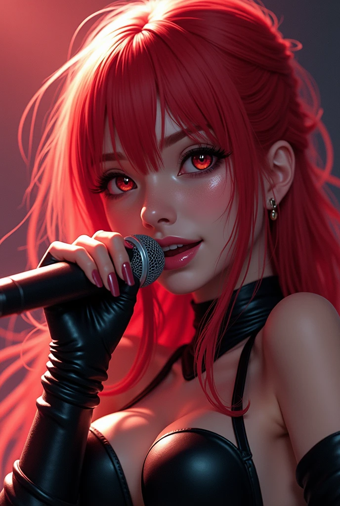 2.5D Masterpiece Anime. A 24 year old scene girl with long dyed red hair. Blue eyes. Singing on stage at a pop-punk concert. Stage background with band. Scene makeup.