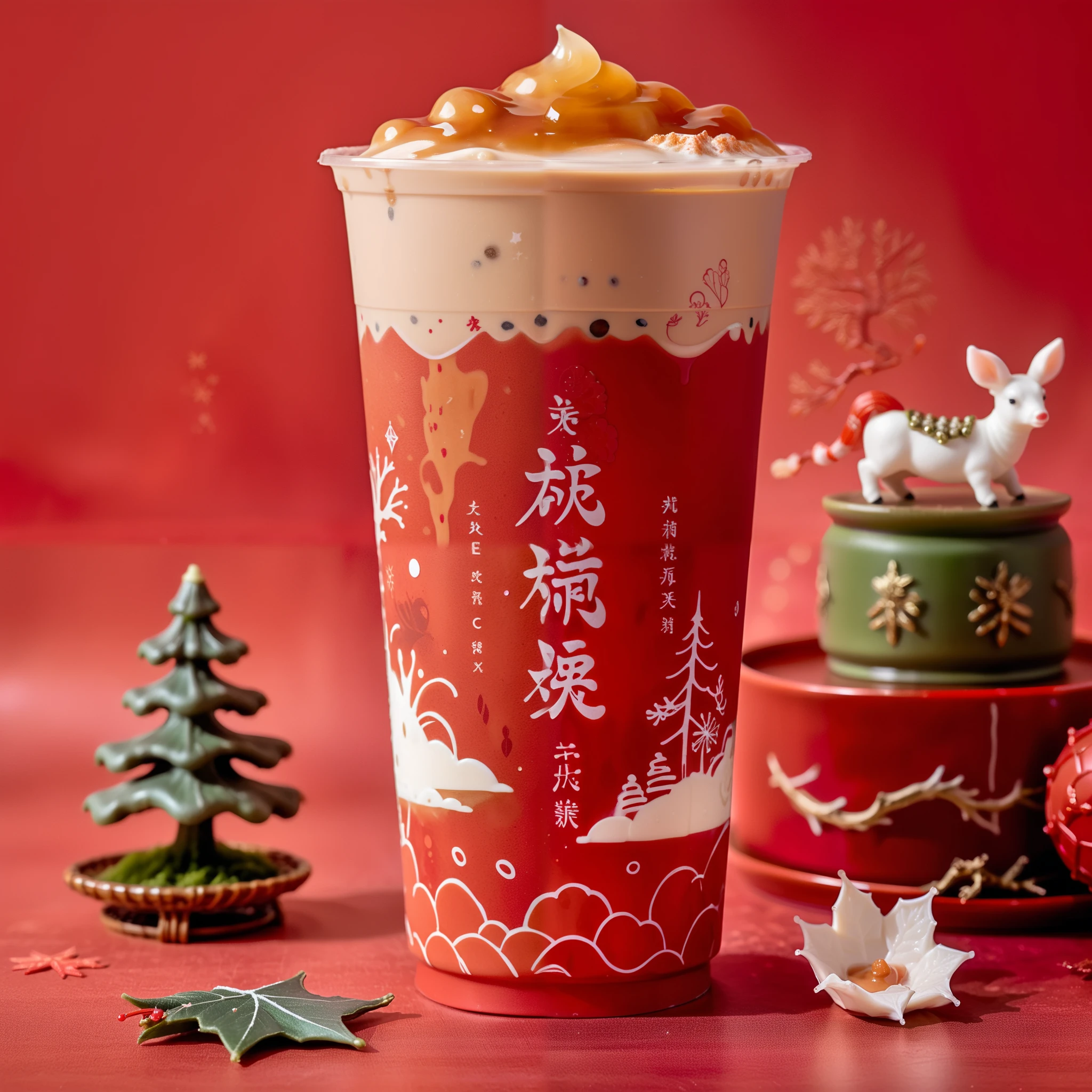   to create an image in a realistic style ，Includes a unique and whimsical cup of milk tea. The red milk tea cup ,   with unique vivid details and the textured text 'Nye Xue' 。 focusing on vivid details and textures of living organisms   ,   in the design  , , all in a soft environment  ,   and contains ， to enhance realism and fantasy  ,  background in the tea is a Christmas winter ，Christmas tree，snowflake， and a vintage-style magic book ， with exquisite lines on the book 