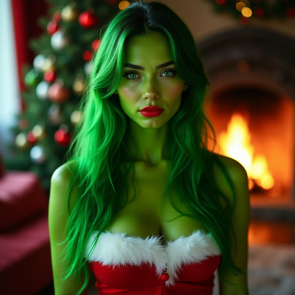beautiful girl giving a large present box, holding a box with hands, giving a gift to you, happy expression, smiling, big smile, in the front room, christmas backdrop, summer scenery, christmas decorations, presents under the christmas tree, 1girl, bare shoulders, braid, braided bun, breasts, cleavage, double bun, green eyes, green hair, green lips, hair bun, hair cones, jolynejojo, lipstick, makeup, multicolored hair, portrait, solo, two-tone hair, m4cr0 <lora:jolynejojo:1> 
 <lora:difConsistency_detail:0.35> <lora:more_details:0.45> <lora:epiCRealismHelper:1> <lora:speedy1p5:1.15>