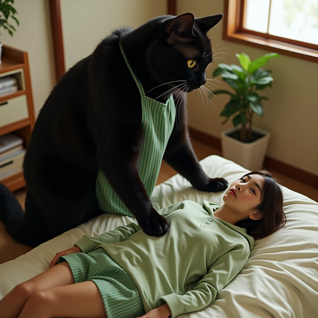 ultra-realistic, photorealistic, dramatic scene, global-illumination, (1 giant black cat and 1 Japanese beautiful girl), (the human-like cat looks gentleman only wearing a vertical striped green apron), at the Japanese stylish apartment room, (the girl is lying on her stomach), (The cat massaging the girl's back using his front paws), (shoot from above), the young Japanese female lying on the bed is 1lady\(dark blonde hair, A light green horizontal striped open-front hoodie, Light green striped shorts\)