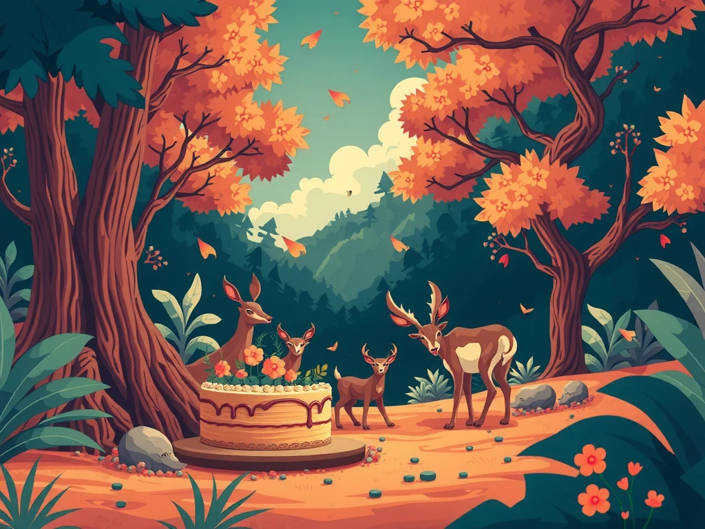 Packaging illustration，Hand drawn line art，Flat style， brown ground grass，Warm colored trees and leaves，Black Forest cake color scheme ，Forest environment， has dynamic animals in it， top quality，Detailed scenes， rich details， brightly colored ，High contrast picture 