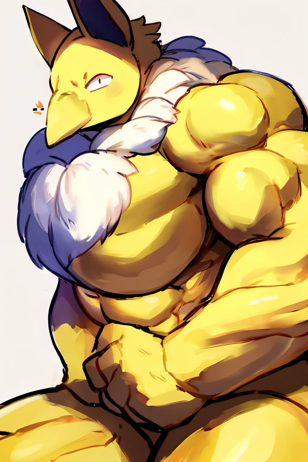 Furry, Anthro, solo, Hypno, Male, (((muscular body, massive thighs, massive male pectorals, fluffy neck, yellow skin))), ((((massive biceps, shrugging)))), ((((((massive bulky torso, wide-eyed, head tilted)))))), naked, white background, by buta99, by zackary911, by bebebebebe, (((digital painting)))