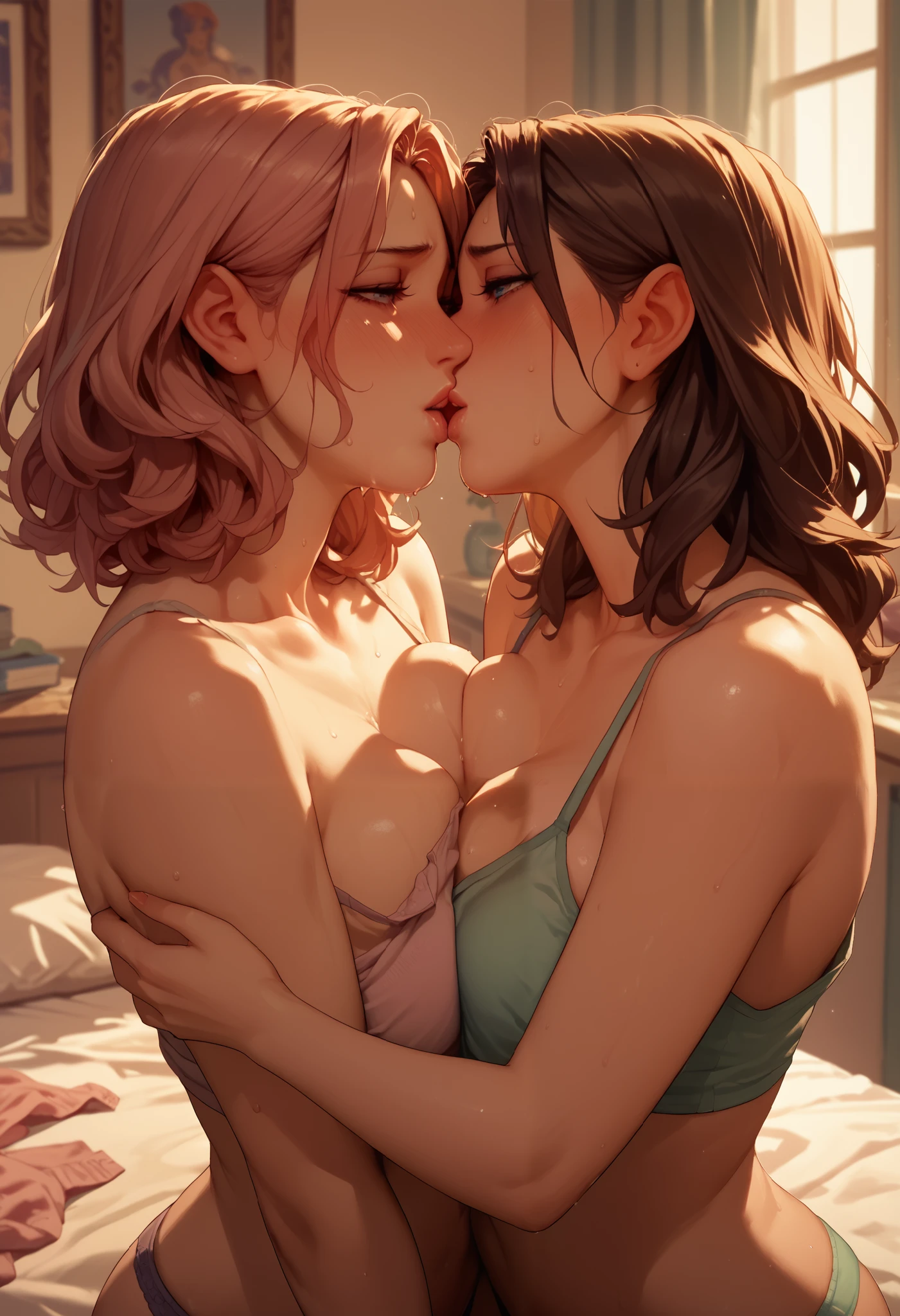 (NSFW:1.9),Best Quality,High resolution,8k,finelity detailed background,Masterpiece:1.2),(Two Beautiful Girls 1.3),ディープKiss,The beautiful girl on the left has shiny pink hair.,asymmetrical hair,Beautiful pink eyes,Gentle look,A refreshing look,(smile)NUDE,The beautiful girl on the right has shiny brown hair.,asymmetrical hair,Beautiful brown eyes,Gentle look,A refreshing look,(smile)NUDE,Best quality,Best Quality,Aesthetic and aesthetic:1.2,Best details((Super detailed))(High-definition CG illustrations),Upper Body,(Cleavage:1.2)Slender body,night,moon,Bedroom,On the bed,smile,blush,cute,Scrounge,Looking up,Being spoiled,super model,(nsfw:1.2), (How:1.5), (sweat:1.2), (steam:1.2),kissing,Kiss