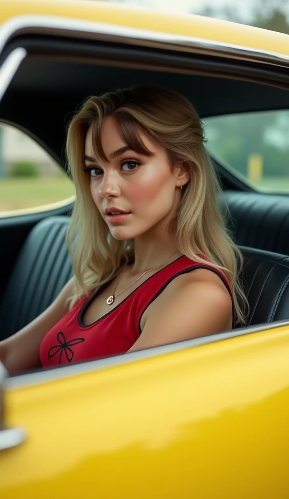 ((best quality)), ((masterpiece)), (detailed), (photorealism:1.4), 8k, 1girl, 19 years, blonde hair, shaggy hair, natural body, eye makeup, smiling, perfect hands.  Yellow dress. Leaning on a (red ferrari). Sunset. Street