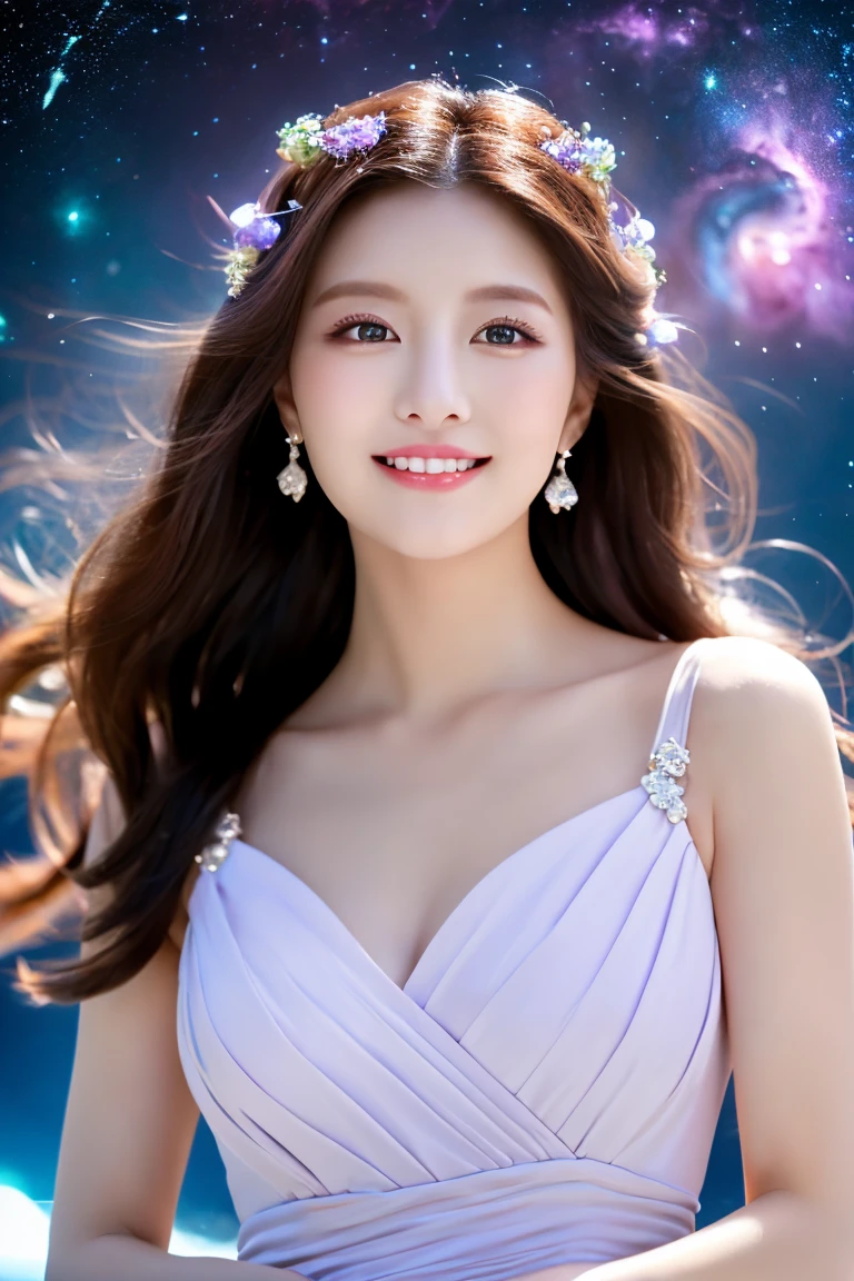 (masterpiece),  high quality ,  Perfect Face ,  delicate eyes , (Dragon Girl), woman, Elegant, (Heterochromia), ( gentle smile ), (Curved ),  long light purple hair , (Medium bust size), (wearing a white and purple Elegant dress), ( colorful nebula background ), ( walking in a sea of stars :1.2), (Upward view), ( gazing at the viewer ), ( holding a constellation )