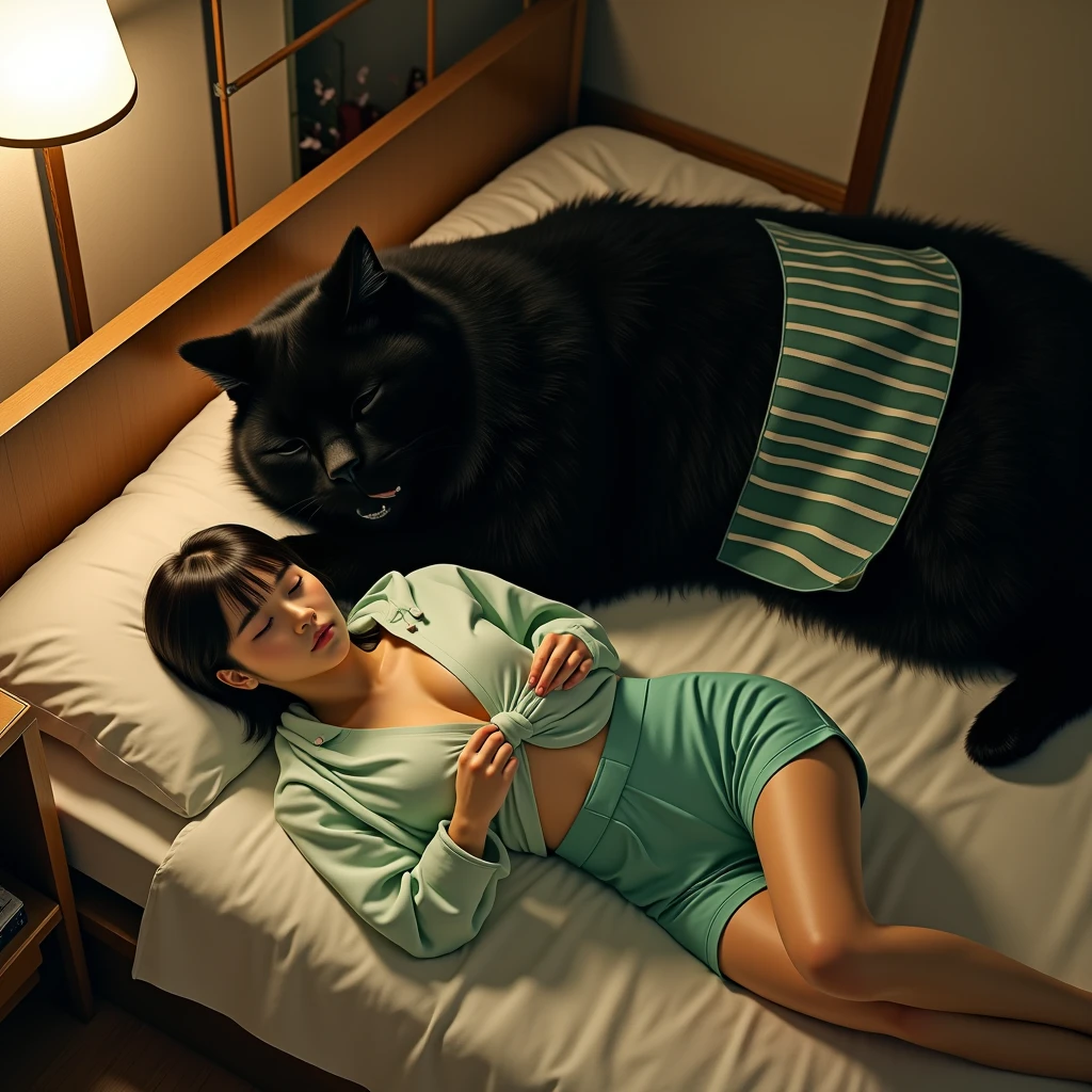 ultra-realistic, photorealistic, dramatic scene, global-illumination, (1 giant black cat and 1 Japanese beautiful girl), (the human-like giant black cat looks gentleman only wearing a vertical striped green apron), at the Japanese stylish apartment room, (The cat is lying on its stomach), (shoot from above), the young Japanese female sleeping on the bed is 1lady\(dark blonde hair, A light green horizontal striped open-front hoodie, Light green striped shorts\)