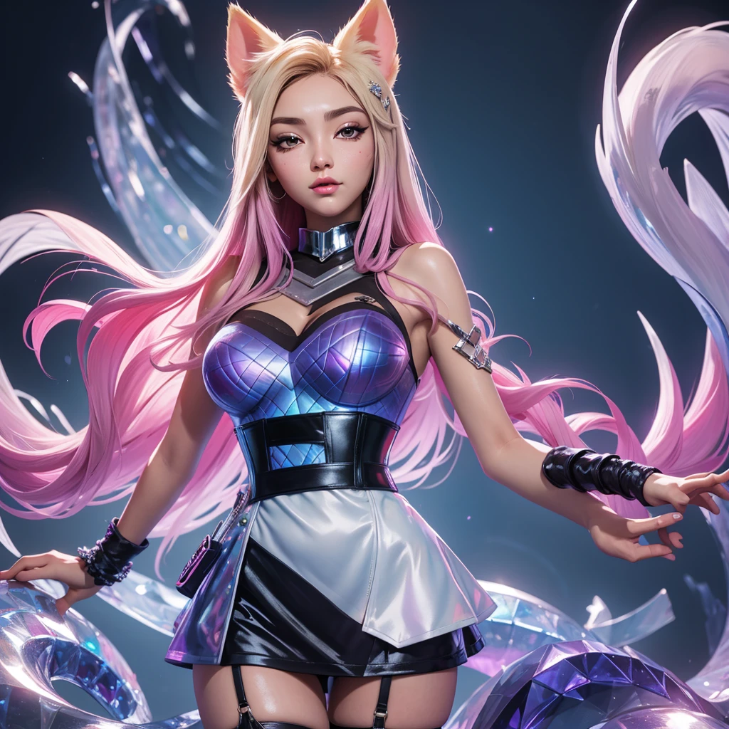 Ahri KDA, perfect breast, beautiful, sexy, slim, cute, highly detailed, deep focused image, realistic full-lenght photo, corset, skirt, mesh