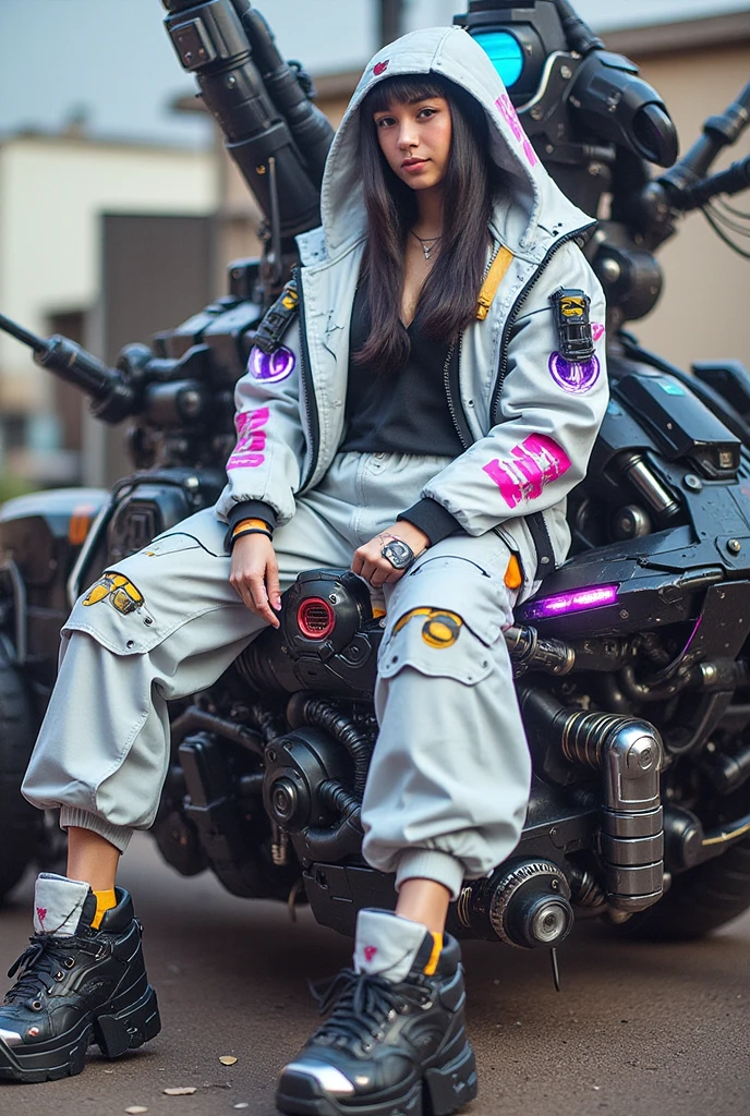 Woman 20 years old . Wear a white rubber armor coat of the future. full body . sits on a highly detailed mechanical vehicle , futuristic technology. on the ground. The is highly detailed ,The upper body and arms of the figure are adorned with intricate mechanical components.