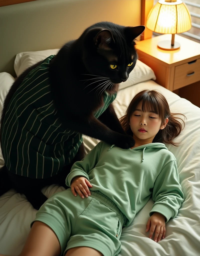 ultra-realistic, photorealistic, dramatic scene, global-illumination, (1 giant black cat and 1 Japanese beautiful girl), (the human-like cat looks gentleman only wearing a vertical striped green apron), at the Japanese stylish apartment room, (the girl is lying on her stomach), (The cat massaging the girl's back using his front paws), (shoot from above), the young Japanese female lying on the bed is 1lady\(dark blonde hair, A light green horizontal striped open-front hoodie, Light green striped shorts\)