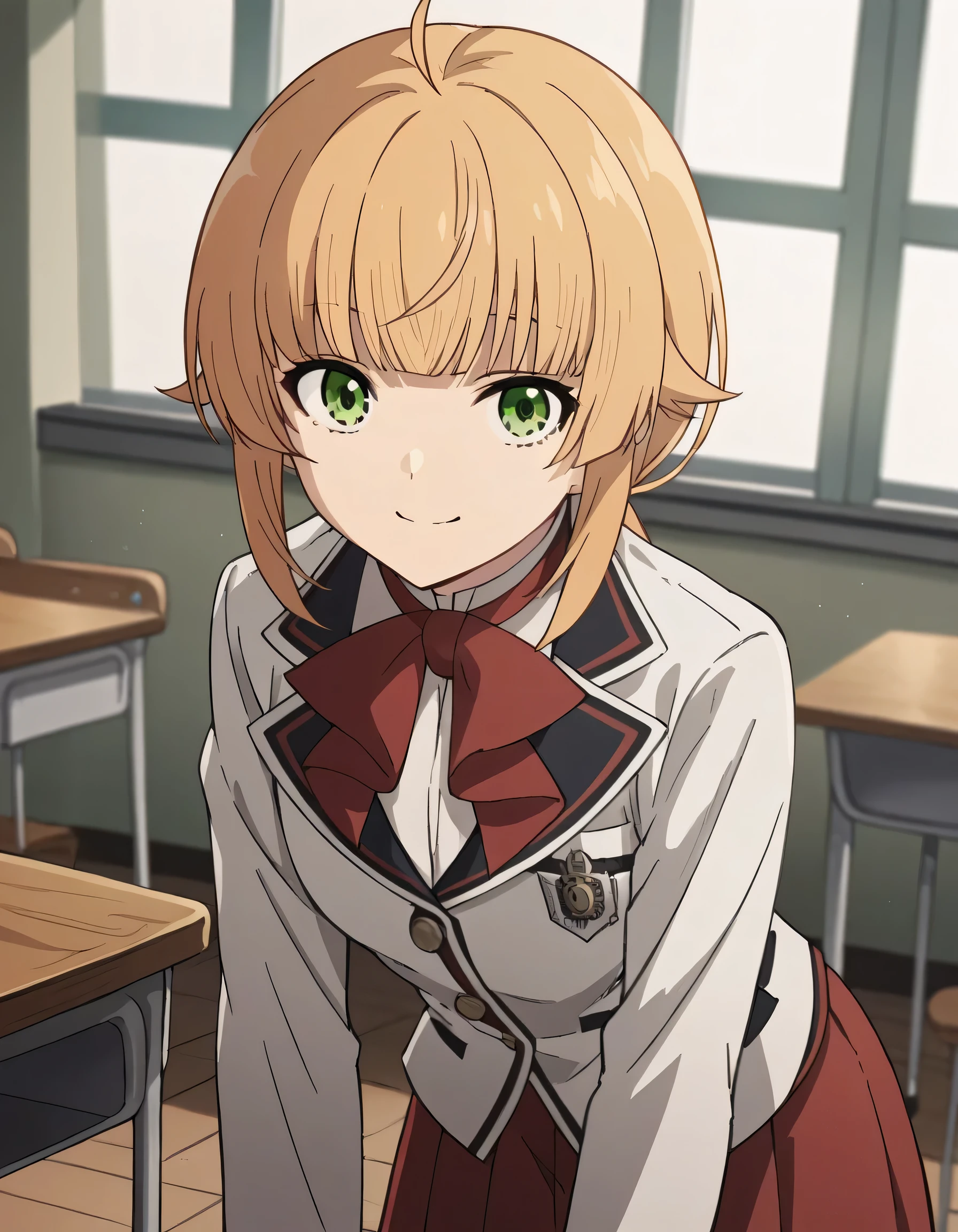 score_9, score_8_up, score_7_up, source_anime,
norngreyrat, norn greyrat, bangs, blonde hair, green eyes, ahoge,
long sleeves, bow, school uniform, jacket, bowtie, red bow, skirt, red skirt, white jacket,
indoors, classroom, bent over, smile,
solo, dutch angle, looking at viewer, cowboy shot,