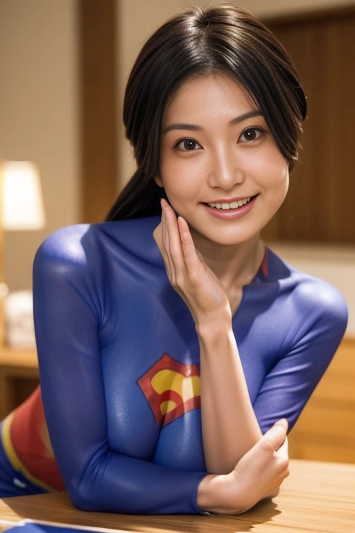    high definition  ,    high definition  ,   attention to detail, masterpiece, Rough skin,   anatomically accurate ,   sharp,  living room background 、 ((Japanese Milf, Age 30)), , ((  facial wrinkles)),   plump big breasts, ((  light brown semi-long hair)) 、 (((A happy smile))) ,((  Friendly Smiles  ))、((  Eyes That Seduce Viewers  ))、((In front of the audience ))((  lean forward  で話を聞くポーズ))、((  place the table top in front of you))、(( Place Your Hands on Your Desk ))、((  lean forward  ))、((Face is close to the viewer))、((((  bust top))))　((branch))、Cowboy shot of a character standing in a sunset field, showing from knees to head, Uniforms Body Paint,(((uniformsbodypaint:1.2))),  superman superhero uniform,  blue bodysuit 、 service shot 、