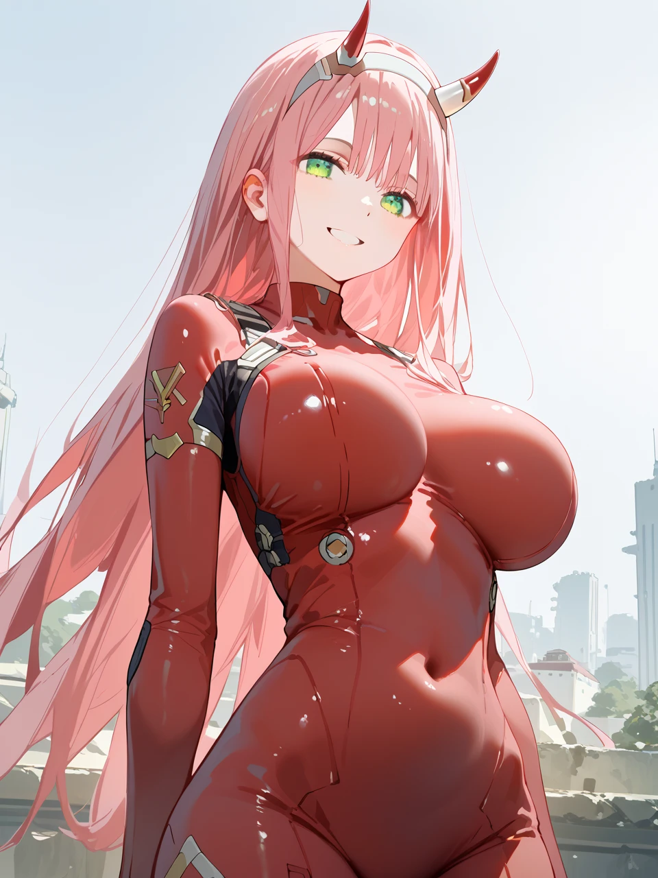            top quality,            top quality,             high quality pictures             ,           masterpiece penis         ,                    super high resolution         ,                Detailed Background    ,                absurd,              perfect anatomical performance   ,         good lighting        ,           Photo Gallery         、   1 adult woman、、、Zero Two、Zero Two\(  darling in the frankis\)、  green eyes、  headband 、Horn、  long hair、  pink hair、赤いHorn、白い  headband 、

  Bodysuit  、 Belly button cover 、  pilot suit in the ruins of a city 、赤い  Bodysuit  、 science fiction、
  sexy body 、

   super big breasts   、 smile、     sexy pose to hide over there