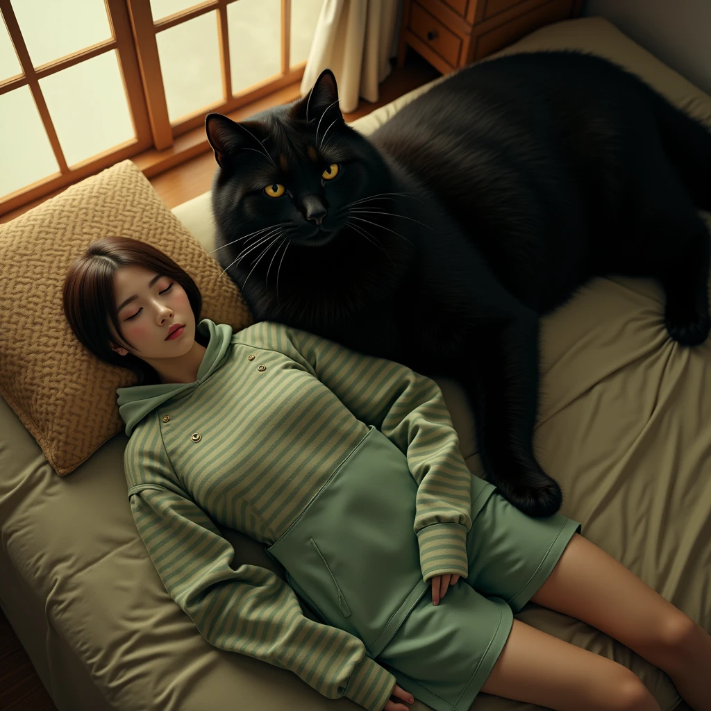 ultra-realistic, photorealistic, dramatic scene, global-illumination, (1 giant black cat and 1 Japanese beautiful girl), (the human-like giant black cat looks gentleman only wearing a vertical striped green apron), at the Japanese stylish apartment room, (The cat is lying on its stomach), (shoot from above), the young Japanese female sleeping on the bed is 1lady\(dark blonde hair, A light green horizontal striped open-front hoodie, Light green striped shorts\)