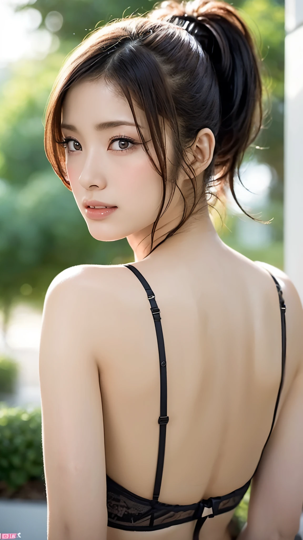 (masterpiece:1.3), (In 8K、 super high resolution 、 Ultra High Definition、 super high definition 、超Realisticな、 best quality), (realistic - photo ),  high definition RAW color photo ,  professional photos , Natural sunlight, Soft Shadows, (Realistic: 1.4), 30歳のWomen、1 person, ( high definition face and skin texture ,  beautiful eyes,  shiny skin,  oily skin , Strong gloss),  Perfect Anatomy, Poster,  Volumetric Lighting , ( face close-up:1.1), ( Staring at viewers),  attractive face , (Makeup is、none), (Squint your eyes:1.5、 ahehe:1.5,  open lips), (Face waiting to be kissed :1.2), Women、Has a troubled expression,  beautiful alignment of teeth, Black Hair, ( ponytail hair),  detailed hair, Beautiful Hair,  anatomically accurate breasts,  huge breasts,  saggy breasts, Deep cleavage,  detailed eyes on board,  dark eyes, Shining Eyes, Black eyelashes, Detailed eyelashes, See-through shirt,  black bra ,  white uniform,  narrow waist,  big hips, Big hips, (Big buttocks)