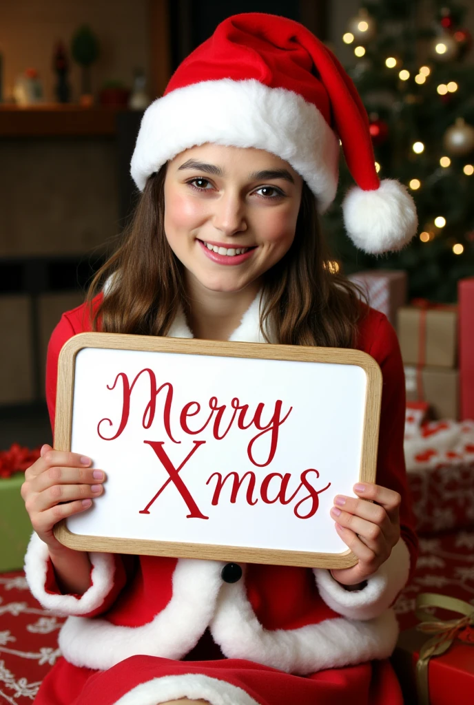 cowboy shot,   cute pose, looking at viewer,  front view, 1 woman ,  beautiful American actress,  Her name is Keira Kinghtley ,-ag(black Hair,  long hair, brown Eye, smile), (C cup ,wide hip), (Christmas Santa Clause  middle skirt type costume and Christmas  hat) ,   hold a decoration whiteboard with both hands,  Writing italic type  red letter  " Merry Xmas " , home party, decoration Christmas tree, near many Christmas present,  night , lamplight, cinema lighting,  (high quality,  textured skin, beautiful fingers,   super detail,  high quality)