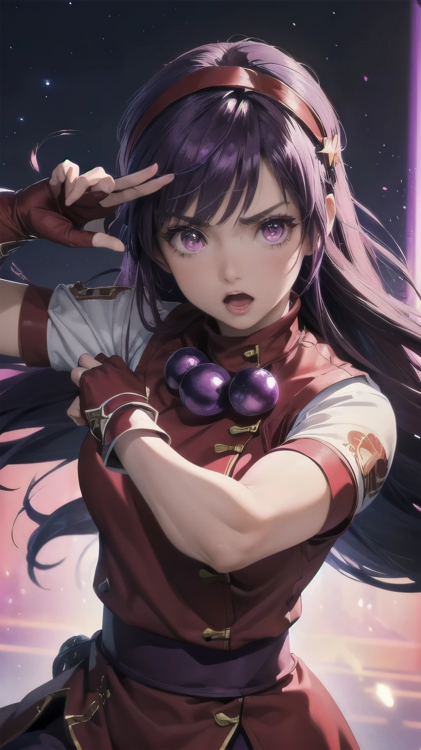 Athena Asamiya,((masterpiece:1.3)), depth of field, super high resolution ,Super fine,16k quality, RAW photos , action scene,(( purple long hair,Purple Eye, Red Hair Band , hair ornament,Star Symbol, red finger gloves)),(( Photorealistic)),(( perfect limb, anatomically correct )), cute girl, very cute face,Beautiful eyelashes,Double eyelids, natural makeup, glossy lips ,((Surrounded by blue light )),purple laser beam,Superpowers, expression of determination, expression of anger,((fighting pose:1)),(( perfect limb, Perfect Anatomy)), professional lighting,(( detail face)), cowboy shot