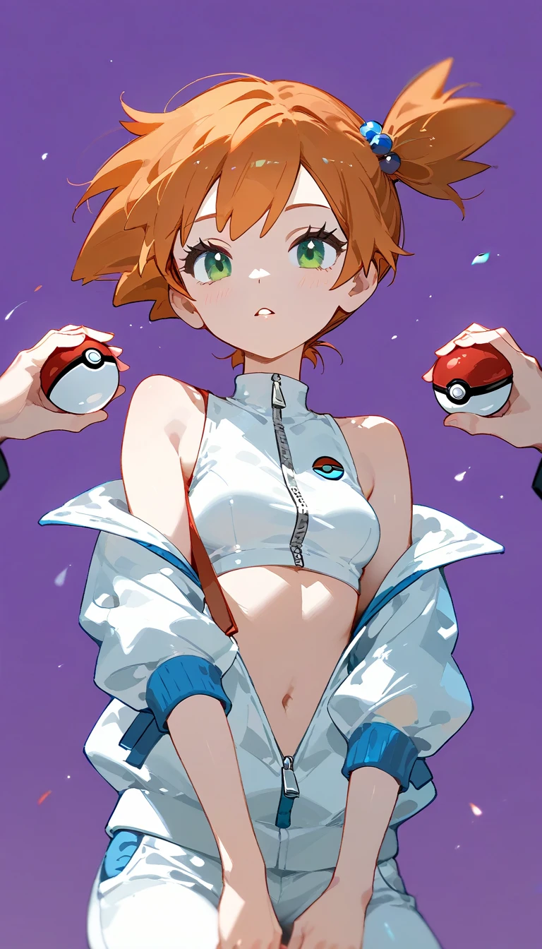 Character Misty_pokemon , Berry Short,Orange Hair, one side up hair ,Big green eyes,Small breasts ,Skinny .pokemon. White sleeveless crop top, Blue short , white jacket with blue detail on zipper and sleeves. Red and white sneakers. emotionally disconnected from her surroundings or the people around her. purple background, fading to black at the corners. emotional disconnection , melancholic, PokeBall, Accion , different expression 