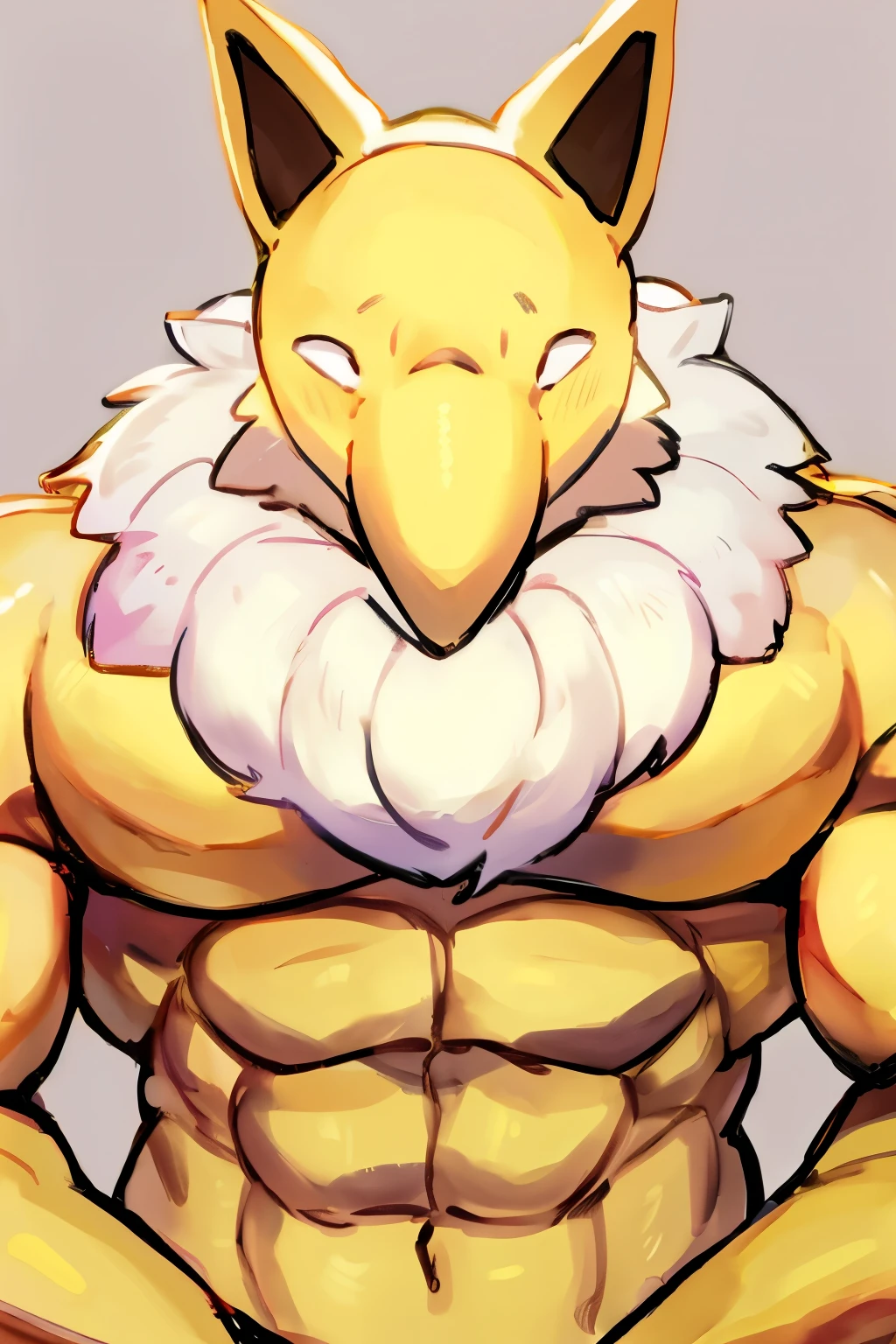 Furry, Anthro, solo, Hypno, Male, (((muscular body, massive thighs, massive male pectorals, fluffy neck))), ((((massive biceps, reaching for viewer, hand splayed)))), ((((((massive bulky torso, wide-eyed, head tilted)))))), naked, yellow spraypainted background, by buta99, by meesh, (((digital painting)))