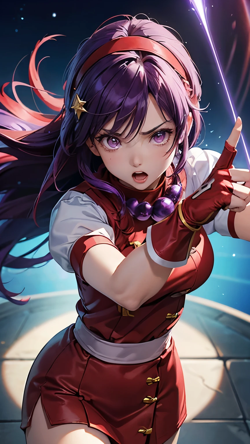 Athena Asamiya，((masterpiece:1.3))， depth of field， super high resolution ，Super fine，16k quality， RAW photos ， action scene，(( purple long hair，Purple Eye， Red Hair Band ， hair ornament，Star Symbol， red finger gloves))，(( Photorealistic))，(( perfect limb， anatomically correct ))， cute girl， very cute face，Beautiful eyelashes，Double eyelids， natural makeup， glossy lips ，((Surrounded by blue light ))，Superpowers， expression of determination， expression of anger，((fighting pose:1))，(( perfect limb， Perfect Anatomy))， professional lighting，(( detail face))， cowboy shot 