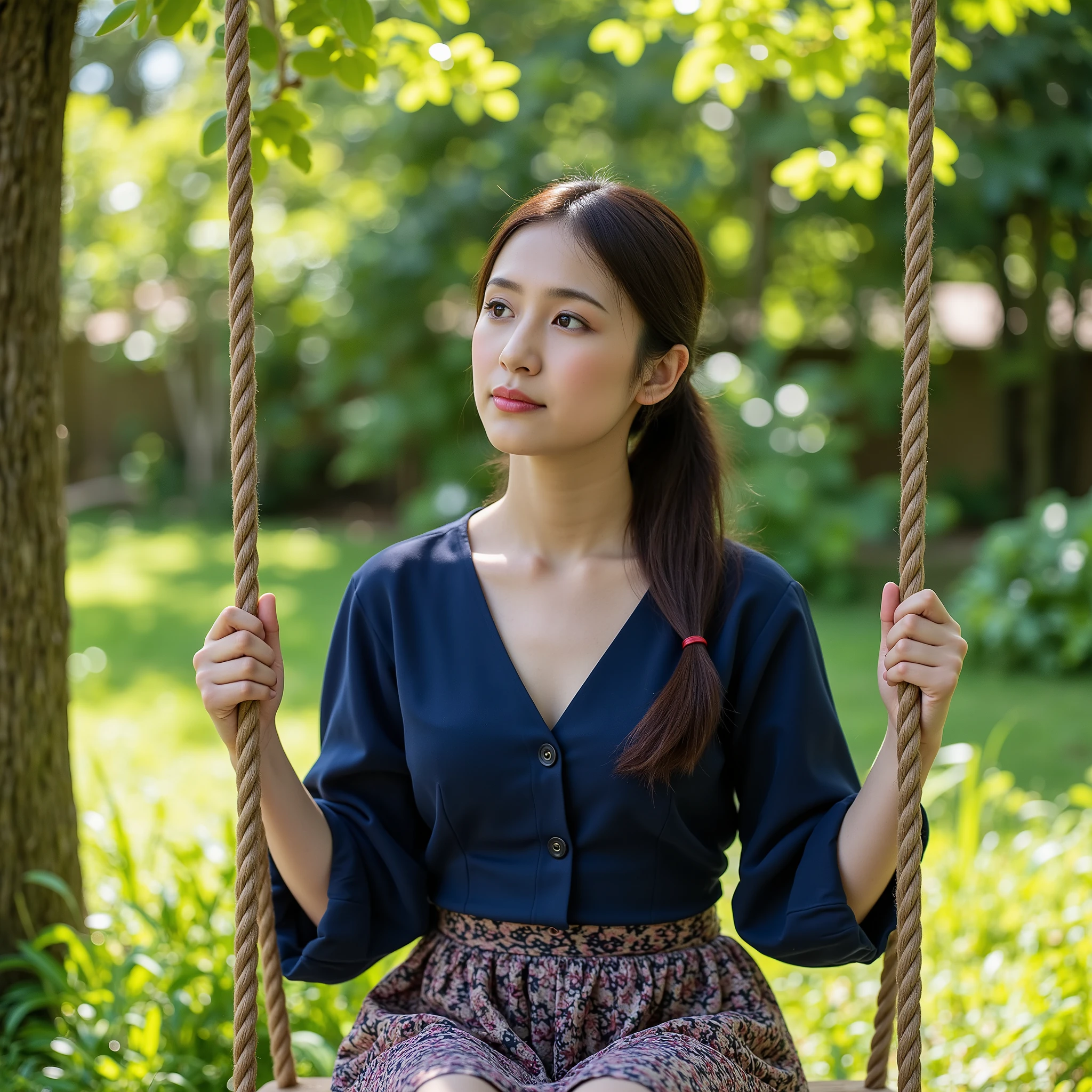 A serene young woman seated on a wooden swing in a lush, green outdoor setting. She is dressed in traditional attire, featuring a deep blue blouse and patterned skirt. The swing ropes frame her figure as she looks thoughtfully into the distance, with soft sunlight filtering through the trees, creating a peaceful and nostalgic atmosphere.