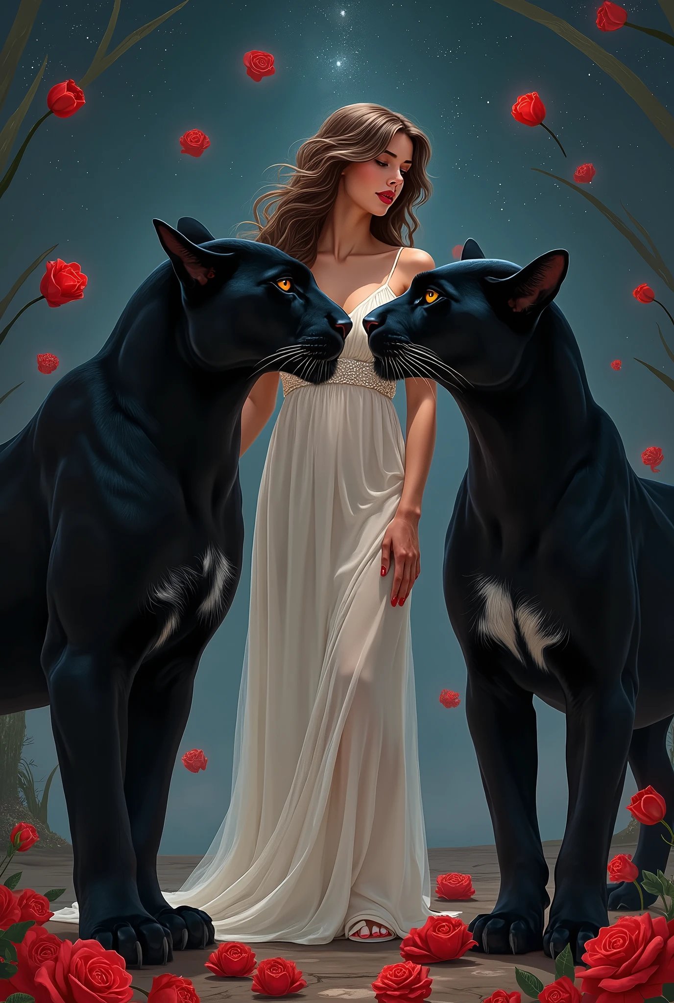 two beautiful and mysterious black panthers staring at each other with a piercing gaze one night. in the middle of them, Aphrodite, the mythological goddess of beauty and love. quero que Aphrodite esteja em sua versão mais intensa, passionate, sensuous, angelic and charismatic! quero Aphrodite em sua versão original, looking mythological even. quero que Aphrodite esteja acariciando as panteras e quero as panteras bem penetrantes, but looking forward. I want there to be red roses and red tulips scattered in the air, but mainly on the floor. tanto Aphrodite quanto as panteras precisam estar numa versão mais intimidadora. Aphrodite e as panteras tem que estar de pé. Aphrodite tem que estar com cabelos castanhos escuros e lisos, brown dark eyes, rosy cheek and red mouth. Aphrodite tem que estar com unhas vermelhas. as panteras tem que estar olhando para o mesmo lugar que Aphrodite olha. the image has to exude mystery, grandeur and sweetness at the same time. Aphrodite tem que estar de roupa branca e a noite tem que estar escura e estrelada. Aphrodite tem que estar atrás das panteras de alguma forma que ela apareça entre elas mas tenha uma presença marcante. Aphrodite tem que estar de roupa branca, simple and delicate, típica das deusas do Olimpo mas que de alguma forma seja sensuous. the panthers have to take up most of the image. Aphrodite tem que remeter a Grécia antiga. the panthers looking forward