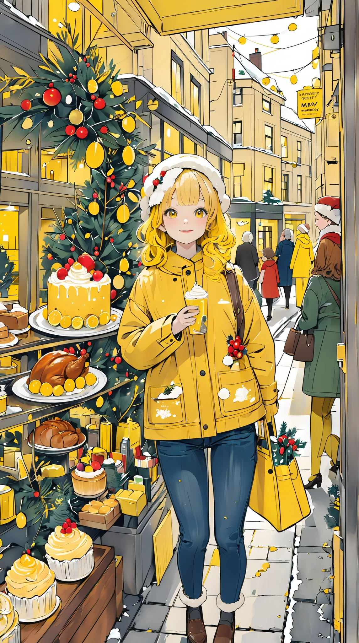 Chrome yellow illustration, Flat street, decorated cake, Roasted Turkey, Girl on her way home from school, chartreuse yellow illustration, New Year's Eve, English muffin, Chrismas Eve, Girl in jeans, Merry Christmas, Mimosa illustration, dear you, Illustration with canary yellow as the main color,, Busy city, Beautiful woman, Santa Claus, Cream yellow illustration