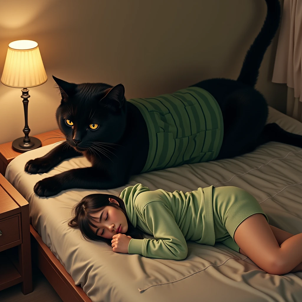 ultra-realistic, photorealistic, dramatic scene, global-illumination, (1 giant black cat and 1 Japanese beautiful girl), (the human-like giant black cat looks gentleman only wearing a vertical striped green apron), at the Japanese stylish apartment room, (The cat is lying on its stomach), (shoot from above), the young Japanese female sleeping on the bed is 1lady\(dark blonde hair, A light green horizontal wide striped open-front hoodie, Light green striped shorts\)