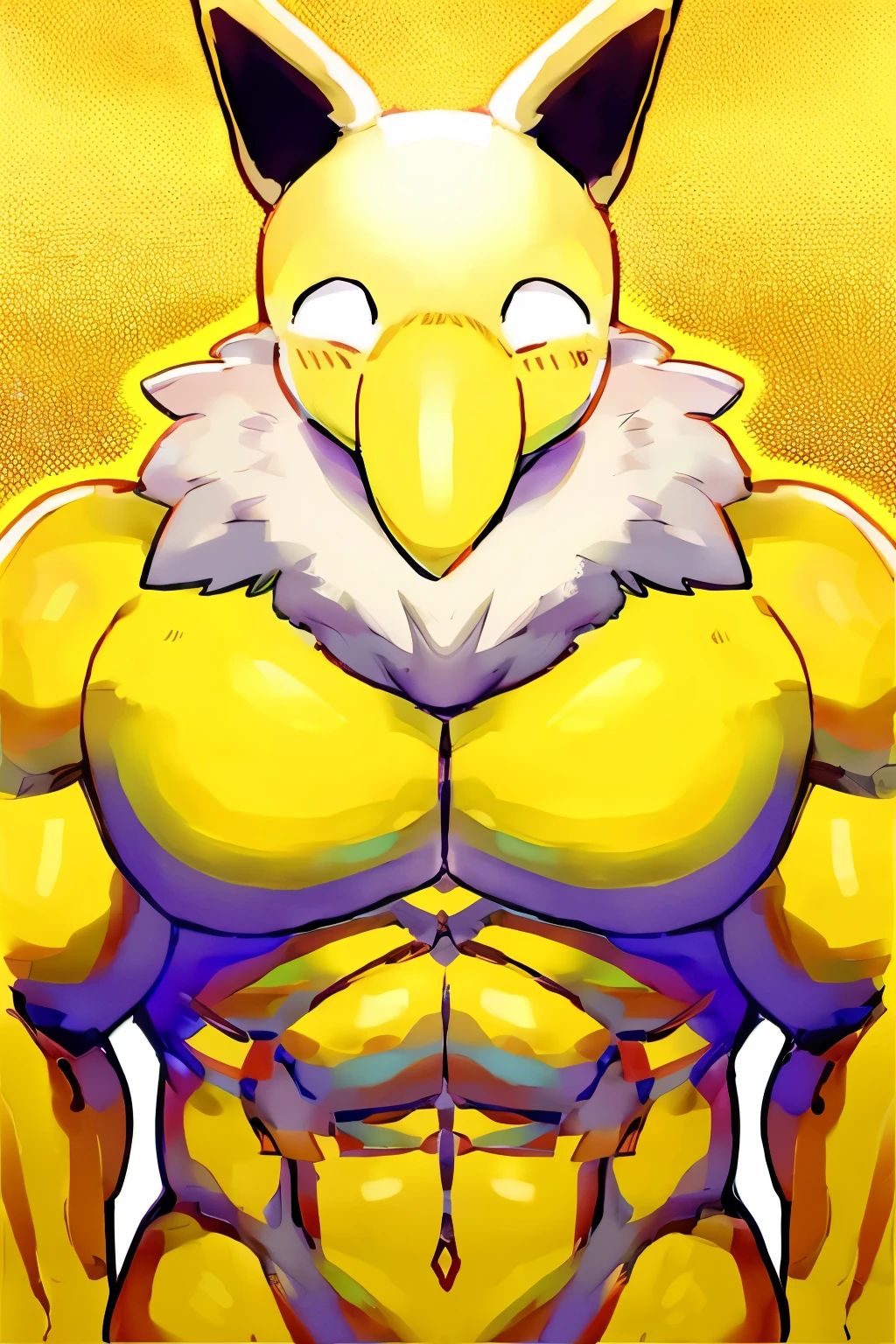 Furry, Anthro, Hypno, Male, (((muscular body, massive thighs, massive male pectorals, fluffy neck))), ((((massive biceps, wide-eyed, confused, looking at viewer, arms behind head)))), ((((((massive bulky torso)))))), naked, black/yellow spraypainted background, by buta99, by meesh, (((digital painting)))