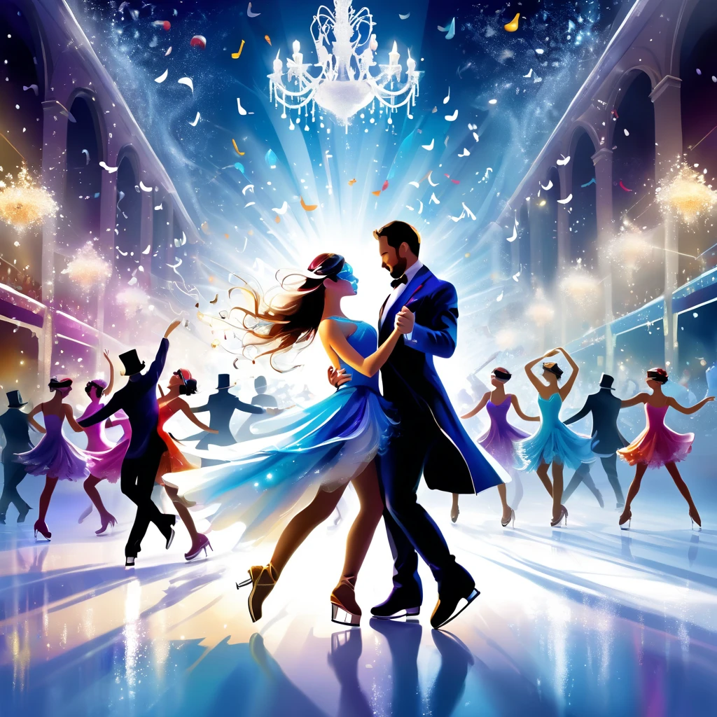 (effect of Musical staves and notes appear flowing on the screen, Lively and colorful music staves and notes flowing). Ice show, skating rink, Wear it Figure Skating Shoes. A dynamic pose, dancing on ice, A masquerade on ice, gentlemen and ladies, Gentlemen wear Venetian masks, ladies wear butterfly masquerade masks, On the ice rink. Light Particles. good vibrations. Willem Haenraets Style, shadow minimalism