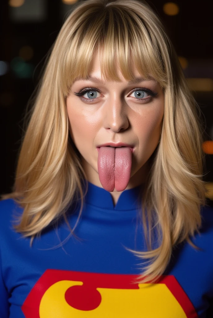 Portrait photo of a mashup with blond hair wearing a superwoman suit, shows a long tongue,  close-up 