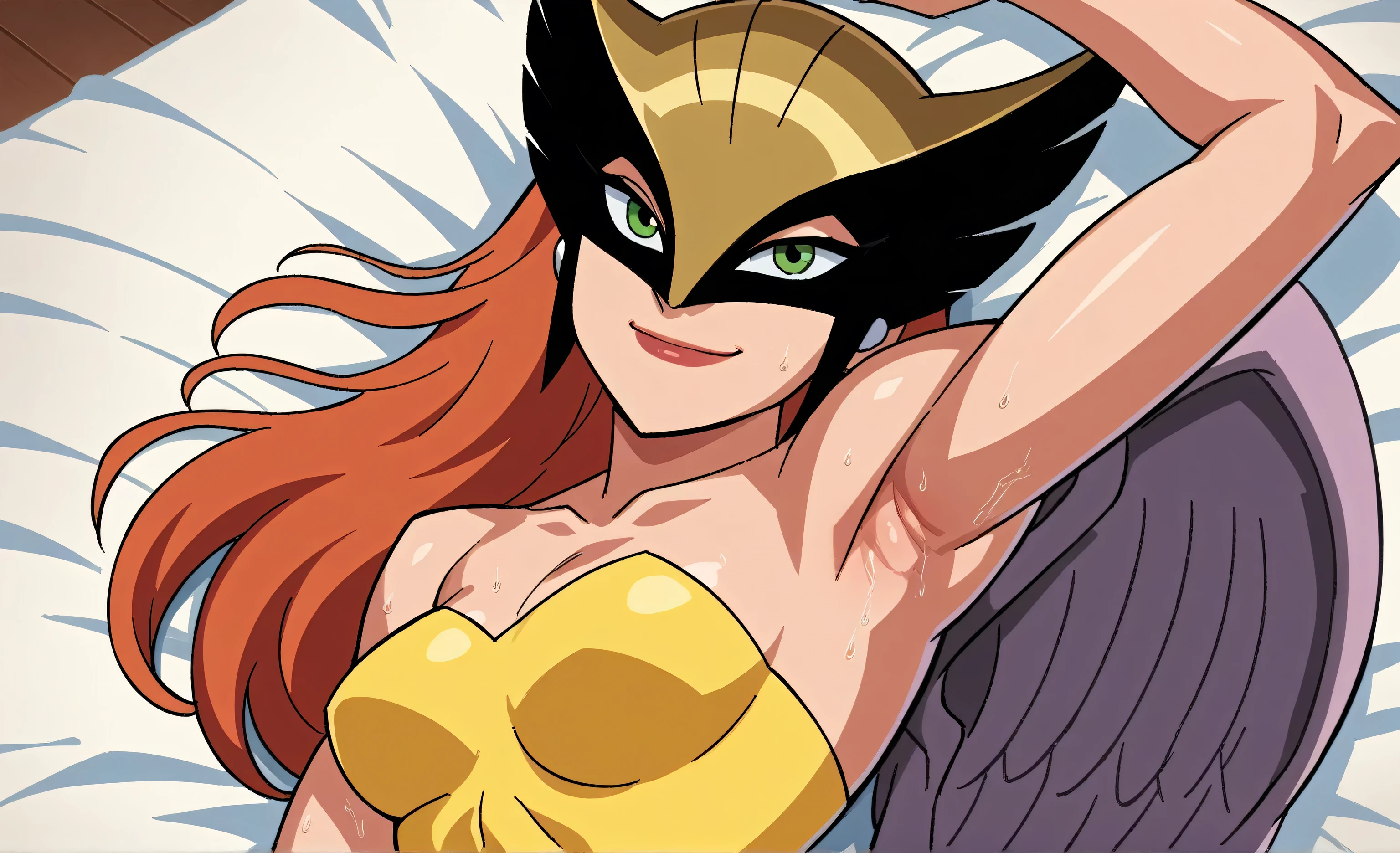 score_9, score_8_up, score_7_up, source_anime, anime screencap, 1girl, solo, shayera hol, angel wings, feathered wings, wings, long hair, green eyes, mask, superhero, yellow leotard, strapless, collarbone, medium breasts, bare shoulders, bare arms, arm up, raised arm, armpit, looking at viewer, head towards viewer, smile, closed mouth, badhandv4, sweaty, from side, lying in bed 