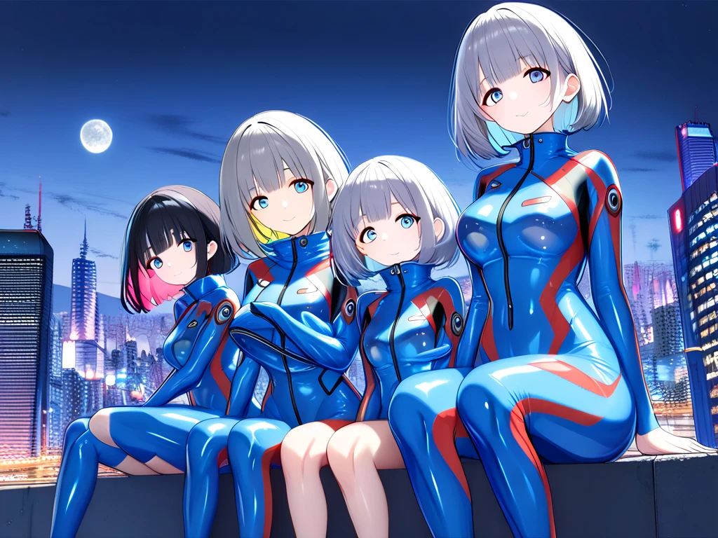 (Multiple girls),(最High image quality, 8k, masterpiece:1.3), (24 years old:1.5), (Grey Hair), ( bob cut ), (Oblique sky blue eyes), (( full body rubber suit 、blue、yellow line、colorful、no zipper 、rubber suit glossy 、Perfect fit、Full body shot、 look at this while sitting、City、Night view)), ([Ultra Clear:1.5), ( Shiny Skin:1.1),(Pale skin:1.1),High image quality、Clear contours