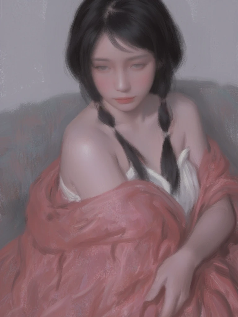 Image is a digital artwork featuring a fantasy-themed portrait of a young woman with a serene expression. She has pale skin and long, dark hair cascading over her shoulders. Her facial features are delicate, with a slight blush on her cheeks. She is wrapped in a flowing, pinkish-red fabric that drapes elegantly around her body. The background is softly blurred, focusing attention on the subject. 