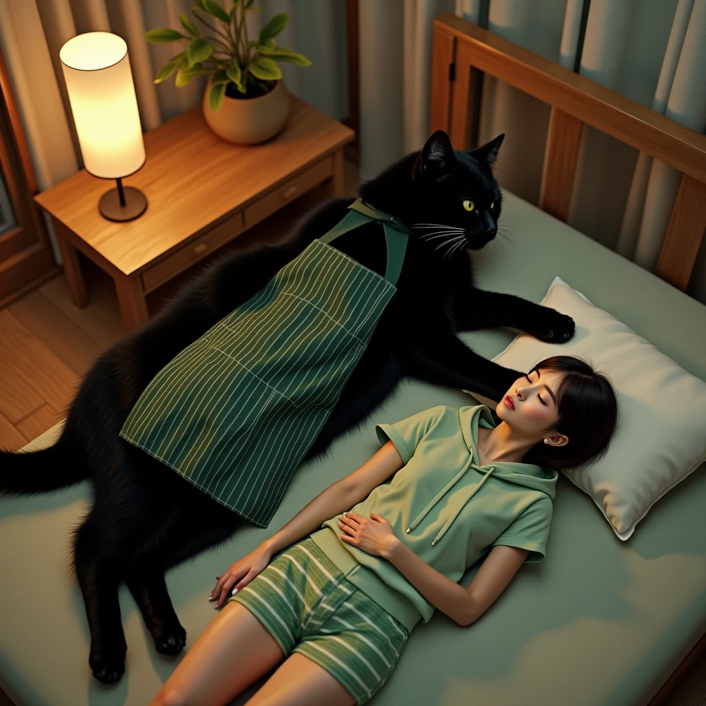 ultra-realistic, photorealistic, dramatic scene, global-illumination, (1 giant black cat and 1 Japanese beautiful girl), (the human-like giant black cat looks gentleman only wearing a vertical striped green apron), at the Japanese stylish apartment room, (The cat is lying on its stomach), (shoot from above), the young Japanese female sleeping on the bed is 1lady\(dark blonde hair, A light green horizontal striped open-front hoodie, Light green striped shorts\)