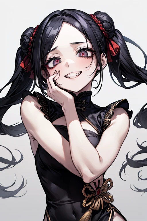 (masterpiece:1.2, Highest quality), (Actual Photos, Intricate details), (1 female, alone, Small breasts) ,Distorted facial expressions、Blood splatter、Cuts on the face、burns on the face、whole body、Punk Fashion、Long Hair、Long Bangs、Twin tails、Black Hair、(((Dark circles under the eyes)))、Pale skin、Pathological、Wicked Smile、Crazy Eyes、(Grin)Dramatic makeup,Create mixed media art、White Background