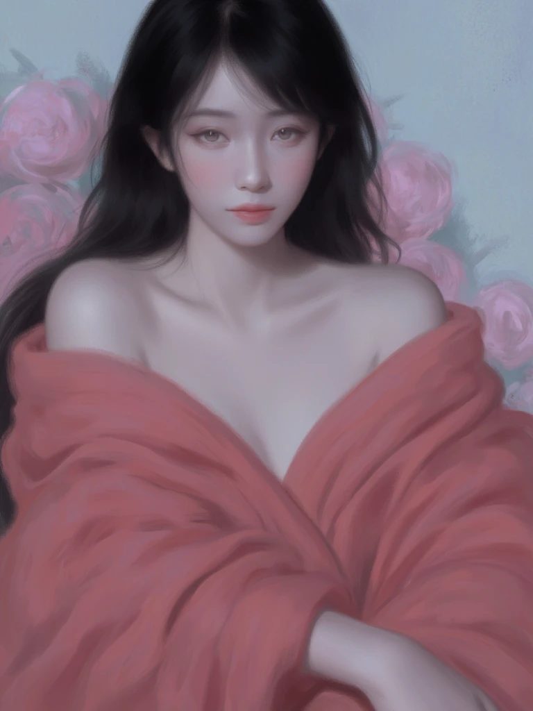 Image is a digital artwork featuring a fantasy-themed portrait of a young woman with a serene expression. She has pale skin and long, dark hair cascading over her shoulders. Her facial features are delicate, with a slight blush on her cheeks. She is wrapped in a flowing, pinkish-red fabric that drapes elegantly around her body. The background is softly blurred, focusing attention on the subject. 