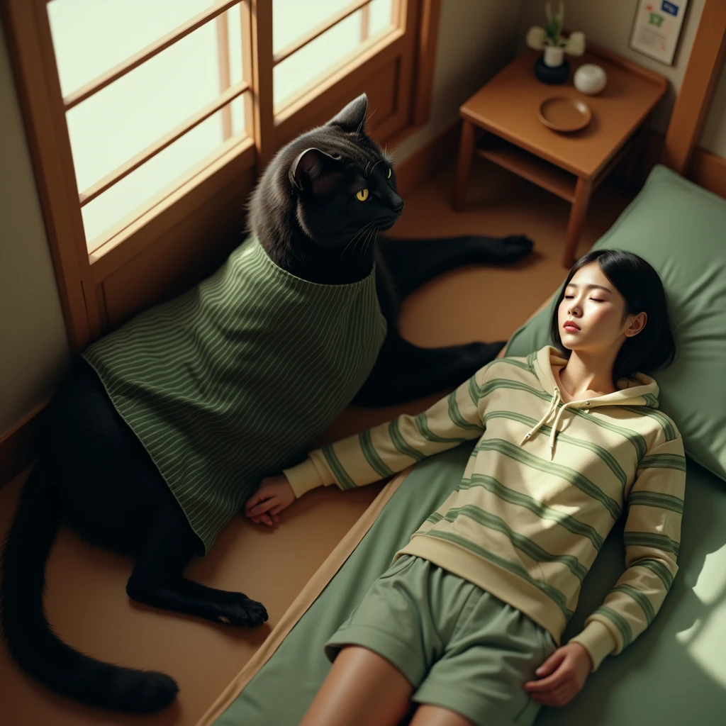 ultra-realistic, photorealistic, dramatic scene, global-illumination, (1 giant black cat and 1 Japanese beautiful girl), (the human-like giant black cat looks gentleman only wearing a vertical striped green apron), at the Japanese stylish apartment room, (The cat is lying on its stomach), (shoot from above), the young Japanese female sleeping on the bed is 1lady\(dark blonde hair, A light green horizontal striped open-front hoodie, Light green striped shorts\)