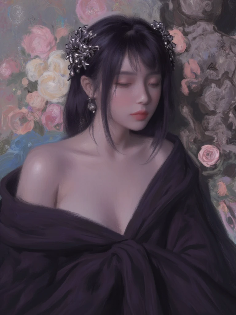 Digital artwork featuring a fantasy-style portrait of a woman with an ethereal and mystical appearance. The layout is vertical, focusing on the upper body of the subject. She has pale skin and delicate facial features, with long, dark hair adorned with intricate, metallic hairpieces. Her eyes are slightly closed, giving her a serene expression. She is draped in a flowing, dark purple robe that reveals her shoulders, adding to the elegant and mysterious aura. The background is a blend of soft, muted colors with floral elements and a stone sculpture, enhancing the fantasy theme.