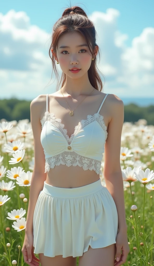 live-action、 Super Big Breasts の可愛い女性のプロフェッショナルな写真撮影、 angle from the front、 Super Big Breasts 、 cleavage、Japanese transcendental cute woman、Extremely cute、Ultra-thin waist、White tank top with a small area 、 lace see-through tank top 、 Pleated Mini Skirts 、 plump thighs、 show lots of exposed skin 、Lots of cosmos、Cosmos field、Blue sky and clouds、 No One in the Background 、 viewers、 Super Big Breasts の20代の女性、Baby Face、 cleavage、The cutest face in the world、Small face、 long lashes、 symmetrical eyes、 detailed eyes、 slightly droopy eyes、 double eyelids in judo uniforms、high nose、 natural lips with beautiful lighting、 no makeup、 viewersいる、 Big Breasts 、Ultra-thin waist、 long foot、 beautiful feet、Perfect Proportions、charm、 perfect body、 light brown hair 、 hairstyle is high ponytail 、 backlit、 see-through skirt