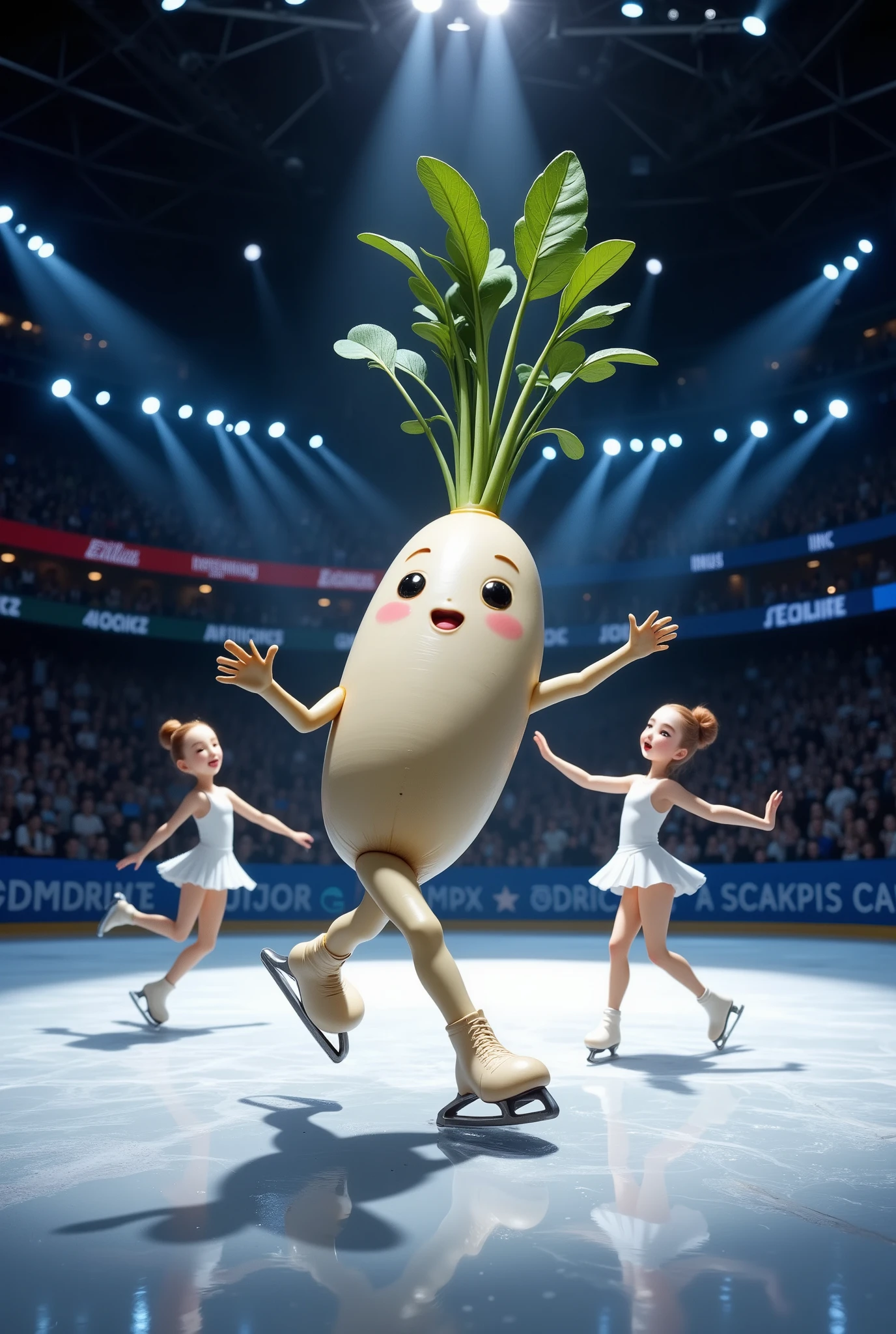 (masterpiece:1.2,Outstanding quality,Mirror finish, cinematic experience , Best Illustration , super detailed),8k,16k,wallpaper,(Daikon mascot character:2.0),(figure skaters:2.0),(DANCING ON ICE ),( DYNAMIC PERFORMANCES  :2.0),( skating rink:2.0),