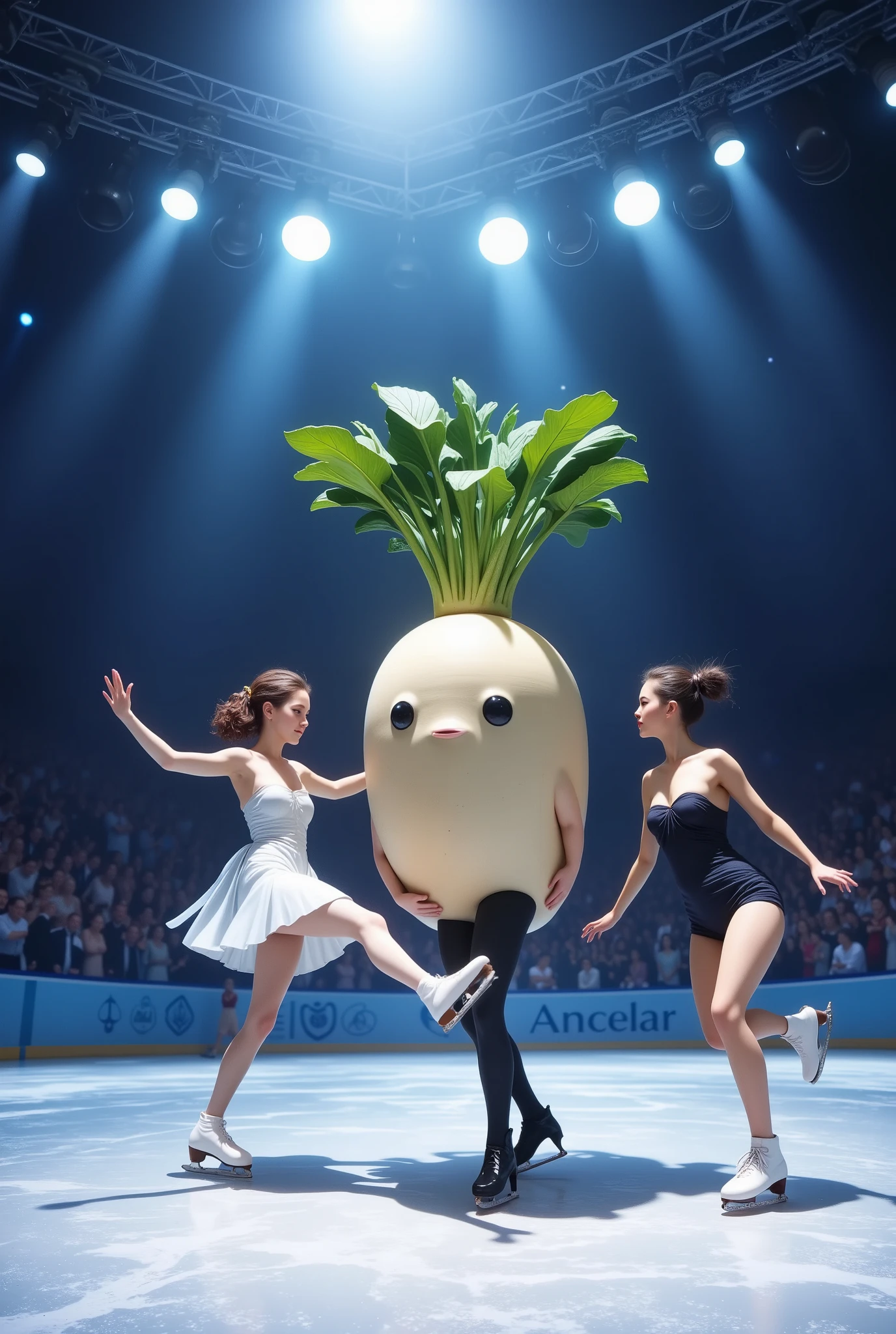 (masterpiece:1.2,Outstanding quality,Mirror finish, cinematic experience , Best Illustration , super detailed),8k,16k,wallpaper,(Daikon mascot character:2.0),(figure skaters:2.0),(DANCING ON ICE ),( DYNAMIC PERFORMANCES  :2.0),( skating rink:2.0),