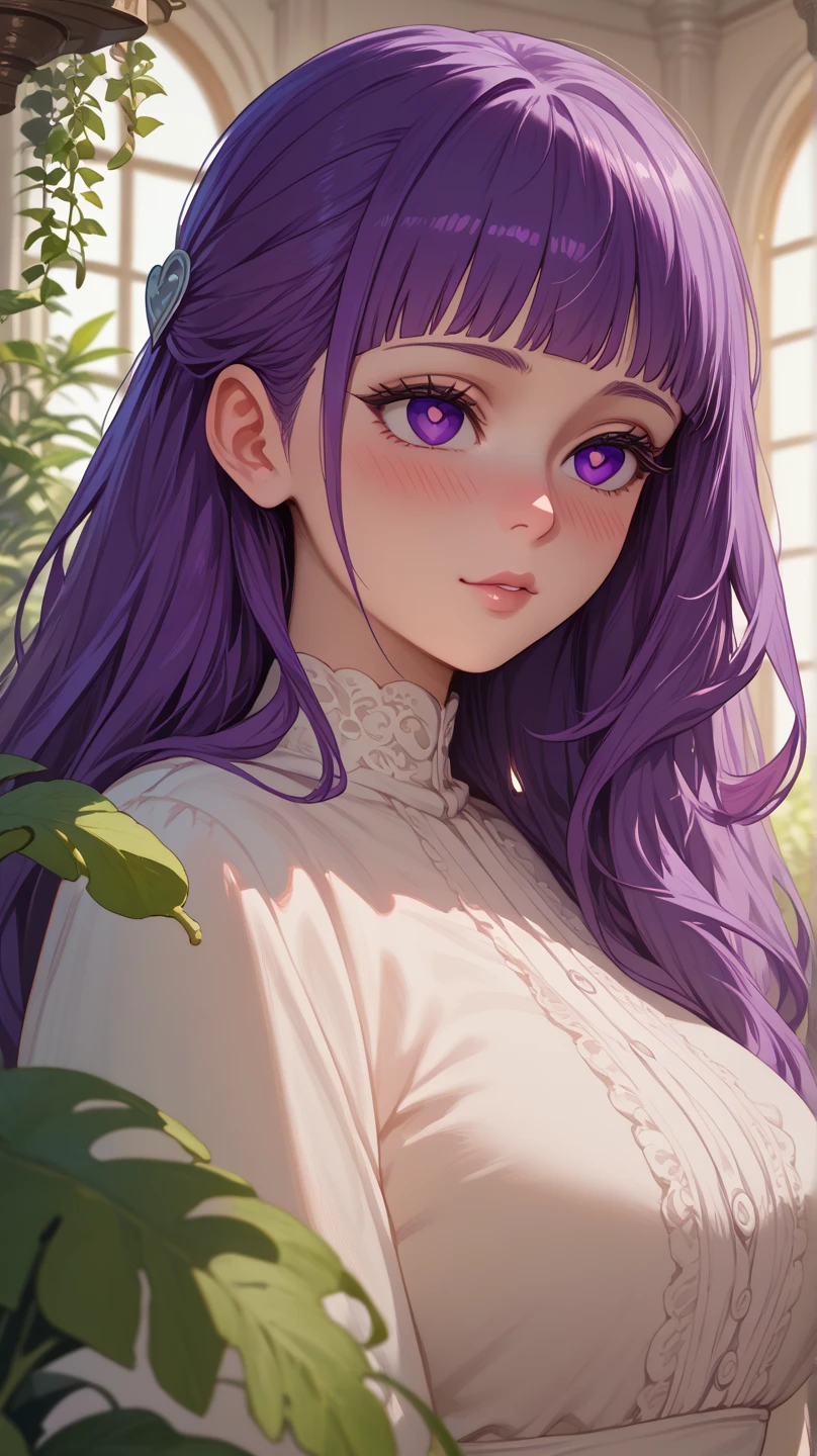 Fern, girl,  long purple hair,  purple eyes,  blushed face, ,  big boobs,  eyes of a heart, Inn room in the background