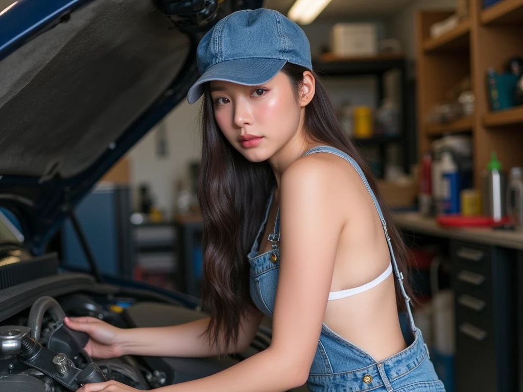 
Prompt : A young, beautiful Asian woman with large breast, a radiant complexion, wearing a denim overall, no underwear, and matching denim cap. She is in a garage, fixing a car with tools in hand, her focused expression highlighting her dedication. Sweat glistens on her forehead and cheeks, adding a realistic and dynamic touch to her appearance. The background is filled with garage details such as car parts, tools, and shelves, creating an authentic workshop setting. The lighting is soft yet detailed, emphasizing her features and the texture of her denim outfit, with a slightly warm tone to enhance the atmosphere