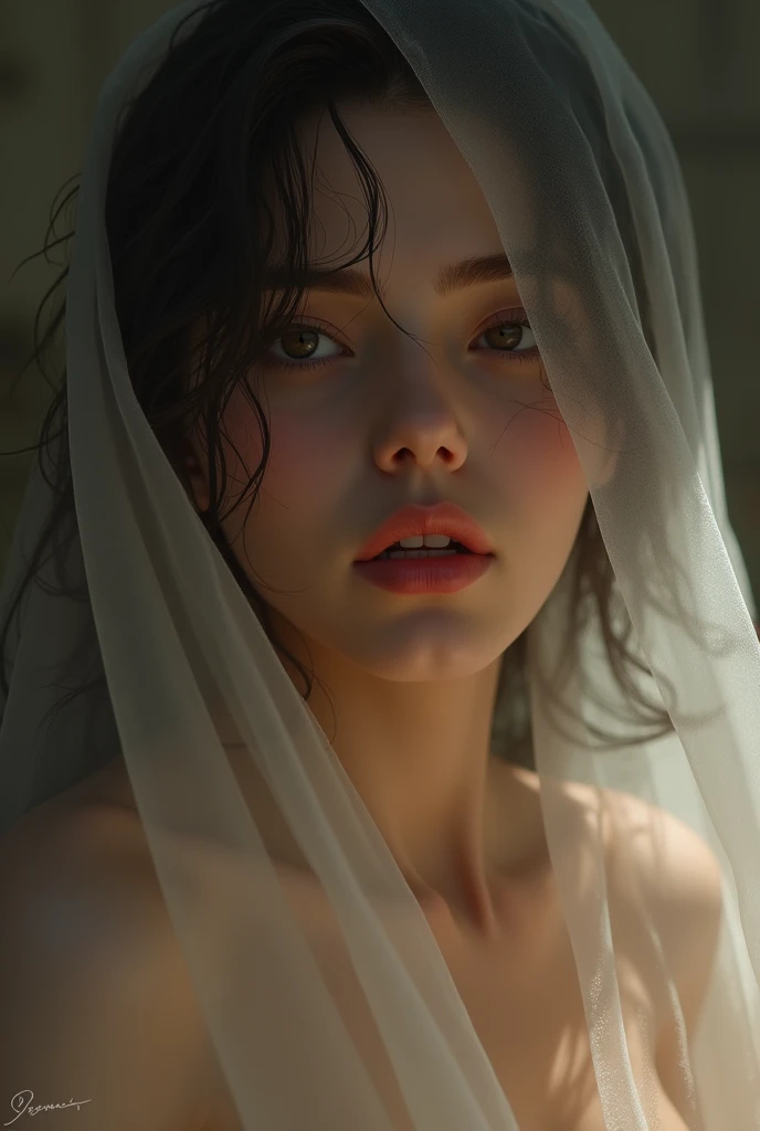 RAW photo, (a portrait photo color contrast : 1.3), (highly detailed skin: 1.0), detailed almond shaped big eyes, 8k uhd, dslr, soft lighting, best quality, film grain, Fujifilm XT3, beautiful Caucasian woman and elegant, covered with a cloth veil, rustic location, fog in the air