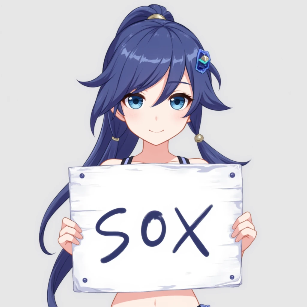 (grey background:1.2),looking at viewer,(SOLO:1.4),outline,simple background,upper body,looking at viewer,fu hua, fu hua cgver, long hair, bangs, blue eyes, hair between eyes, ponytail, hair ornament, blue hair,bikini
With an happy expression, holding a white wooden sign with "sox" written on it in both hands