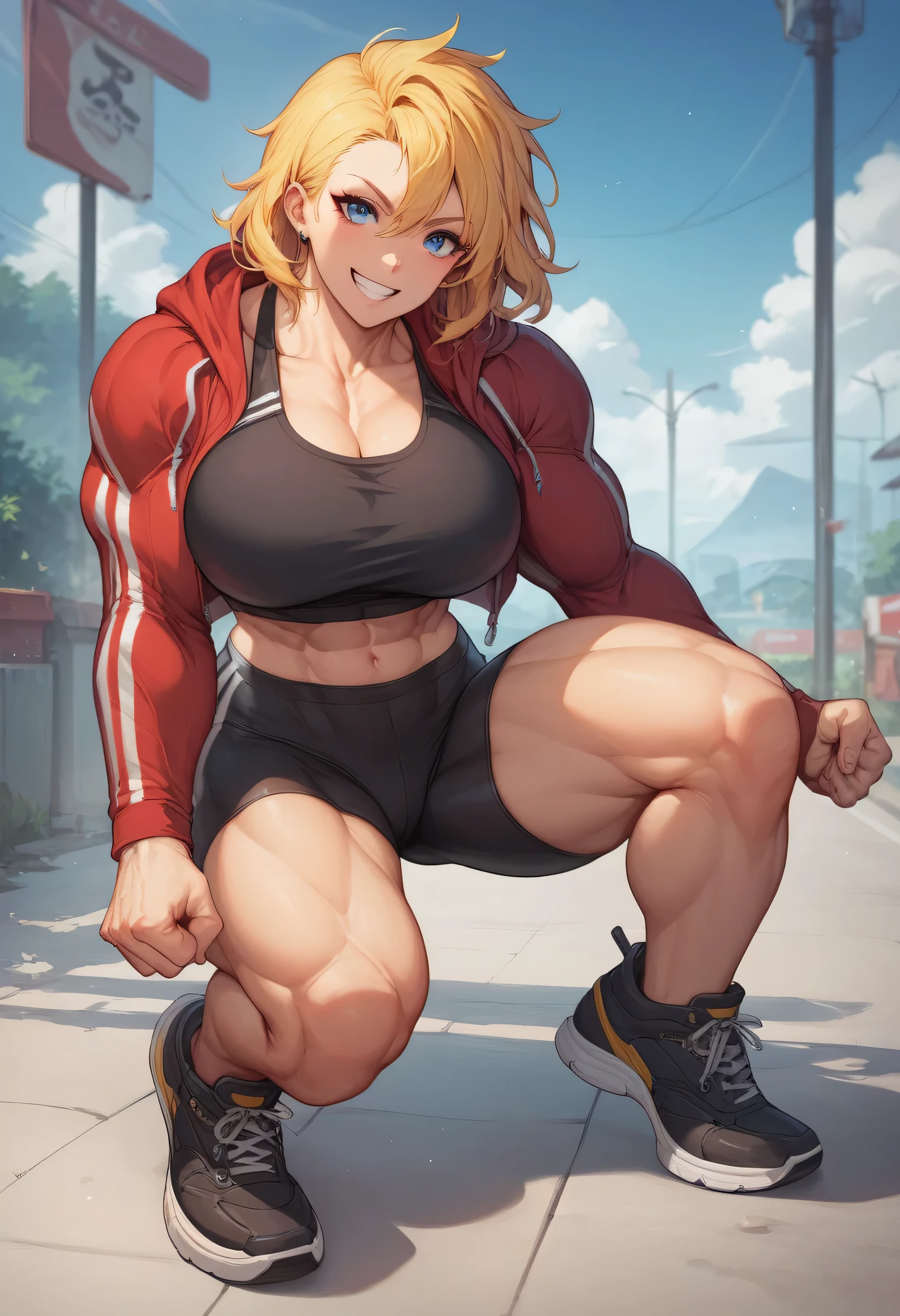 1girl, black footwear, yellow hair, medium hair, breasts, big breasts, clenched hands, bike shorts, drawstring, facing viewer, full body, long sleeves, blue eyes, black shoes in flats, closed red jacket, shorts, smile, black tank top, big muscle woman,  seiza, high,