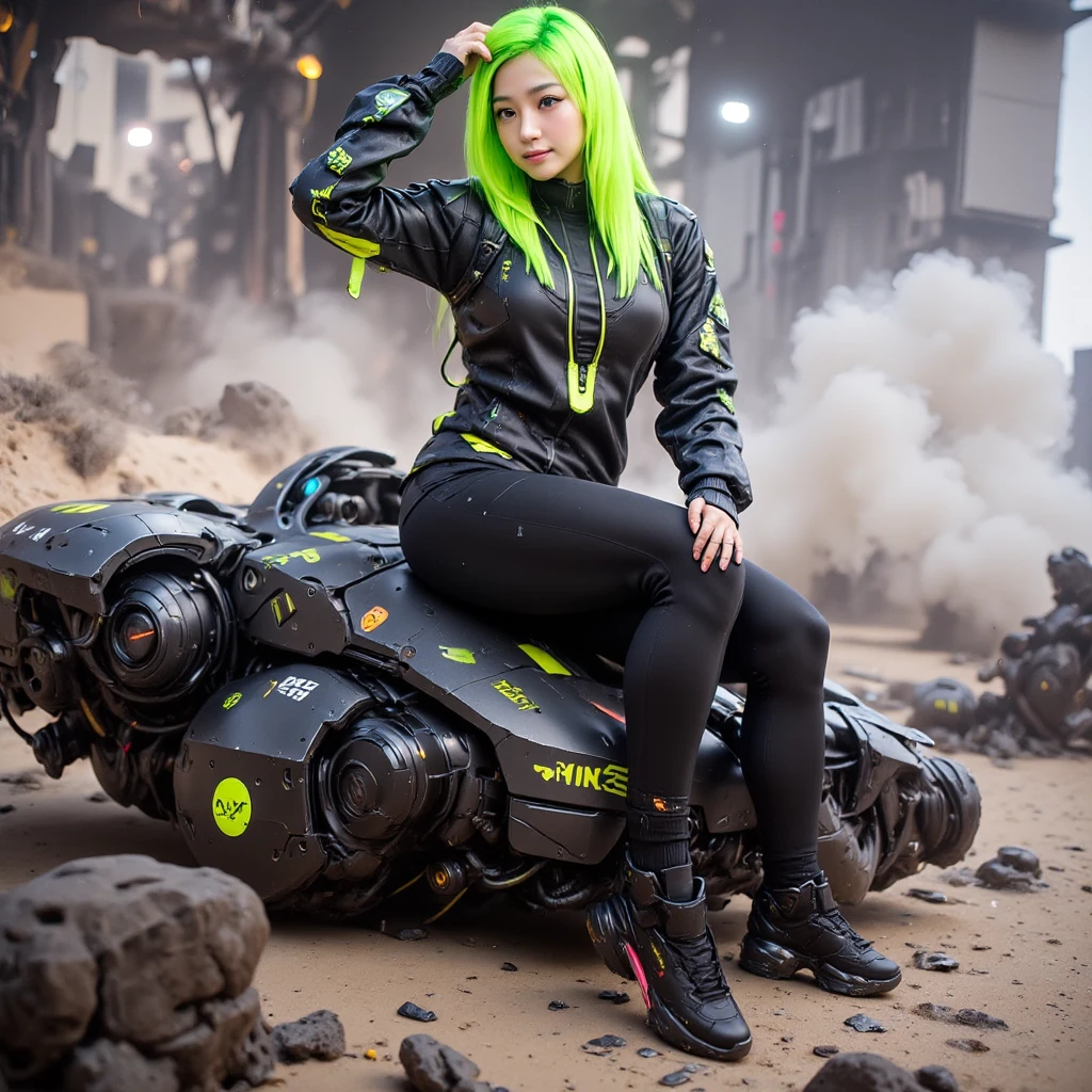 a beautiful young thai woman green long hair Wear a black-green armor coat of the future. full body . sits on a highly detailed mechanical robot mecha , futuristic technology. on the ground. The is highly detailed ,The upper body and arms of the figure are adorned with intricate mechanical components.