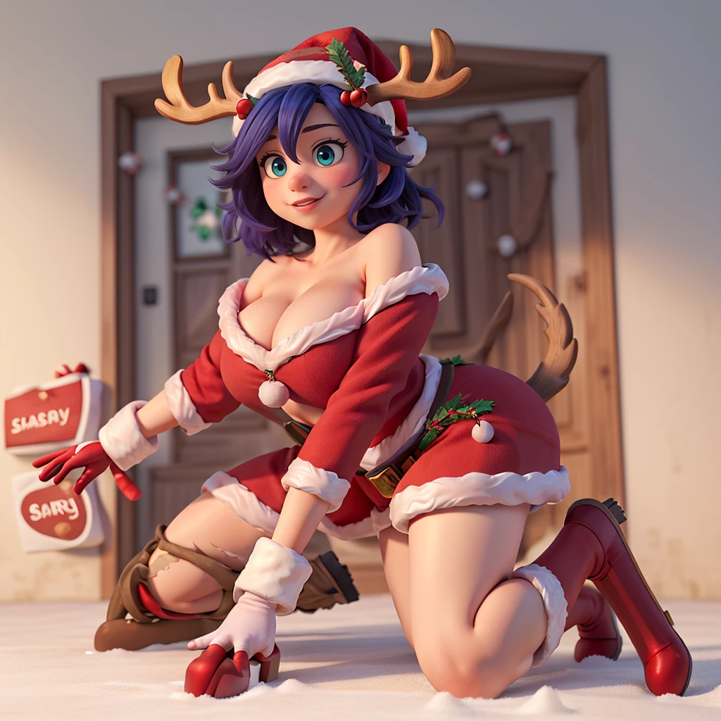 1girl, breasts, pointy ears, solo, dark-skinned female, purple hair, hat, christmas, santa hat, dark skin, gift, thighhighs, blue eyes, large breasts, eyes visible through hair, looking at viewer, earrings, box, gloves, smile, navel, jewelry, red thighhighs, gift box, choker, open mouth, holding gift, black choker, fur trim, holding, white gloves, swimsuit, elbow gloves, bell, bikini, bare shoulders, santa bikini, :d, cleavage, red bikini, santa costume, long hair, tail, red headwear, teeth, fur-trimmed headwear, collarbone, upper teeth only, standing, neck bell, blurry background, holding box, thighs, alternate costume, blurry, short hair, stomach, very long hair, artist name, fur-trimmed gloves, hair over one eye, strapless, fur-trimmed legwear, feet out of frame, christmas tree