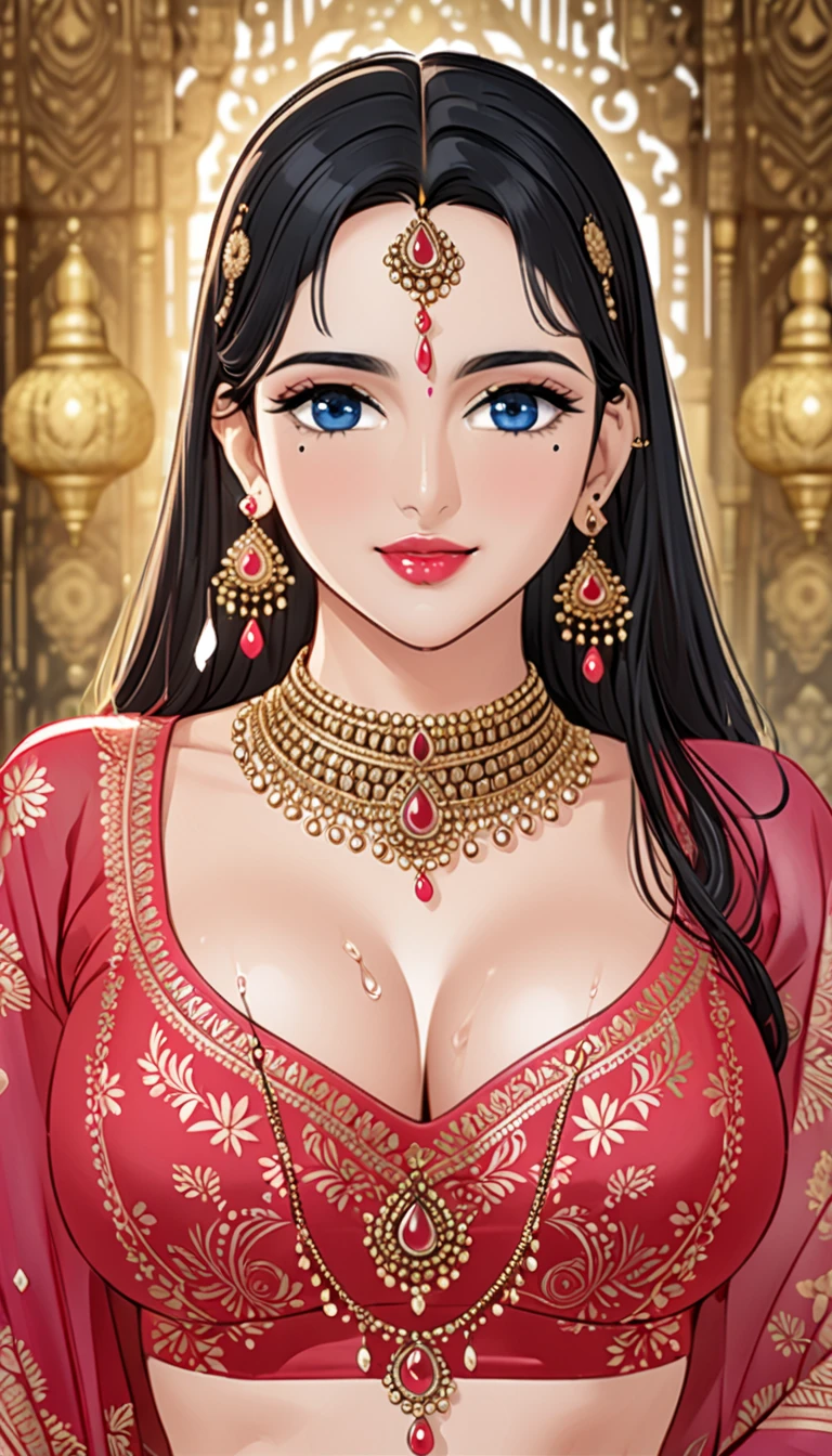 Renowned actress at the age of 28 , with intricate designs, detailed long big kundan jhumka earrings,red lipstick, black hair, big round breasts, Deep cleavage ,face makeup, navel, eyeliner, eyeshadow, necklace,bangles, accessories , detailed blue eyes, tight pink blouse,oily skin, red lipstick,  ,necklace , looking at viewer, seductive face, seductive expression , happy face,big ass,body chain , jewellery ,  biting her lips , blush ,wet hair , detailed accessories,navel piercing,ear piercing ,  silk  saree